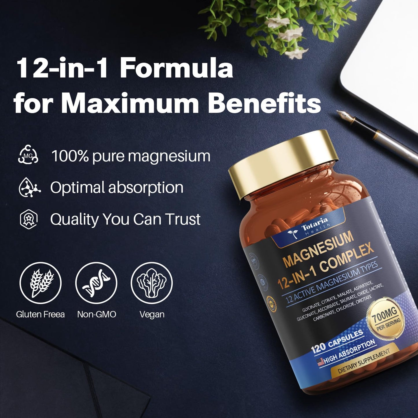 Totaria Magnesium Complex 700mg 12-in-1 Magnesium Supplement Capsules, 240 Count