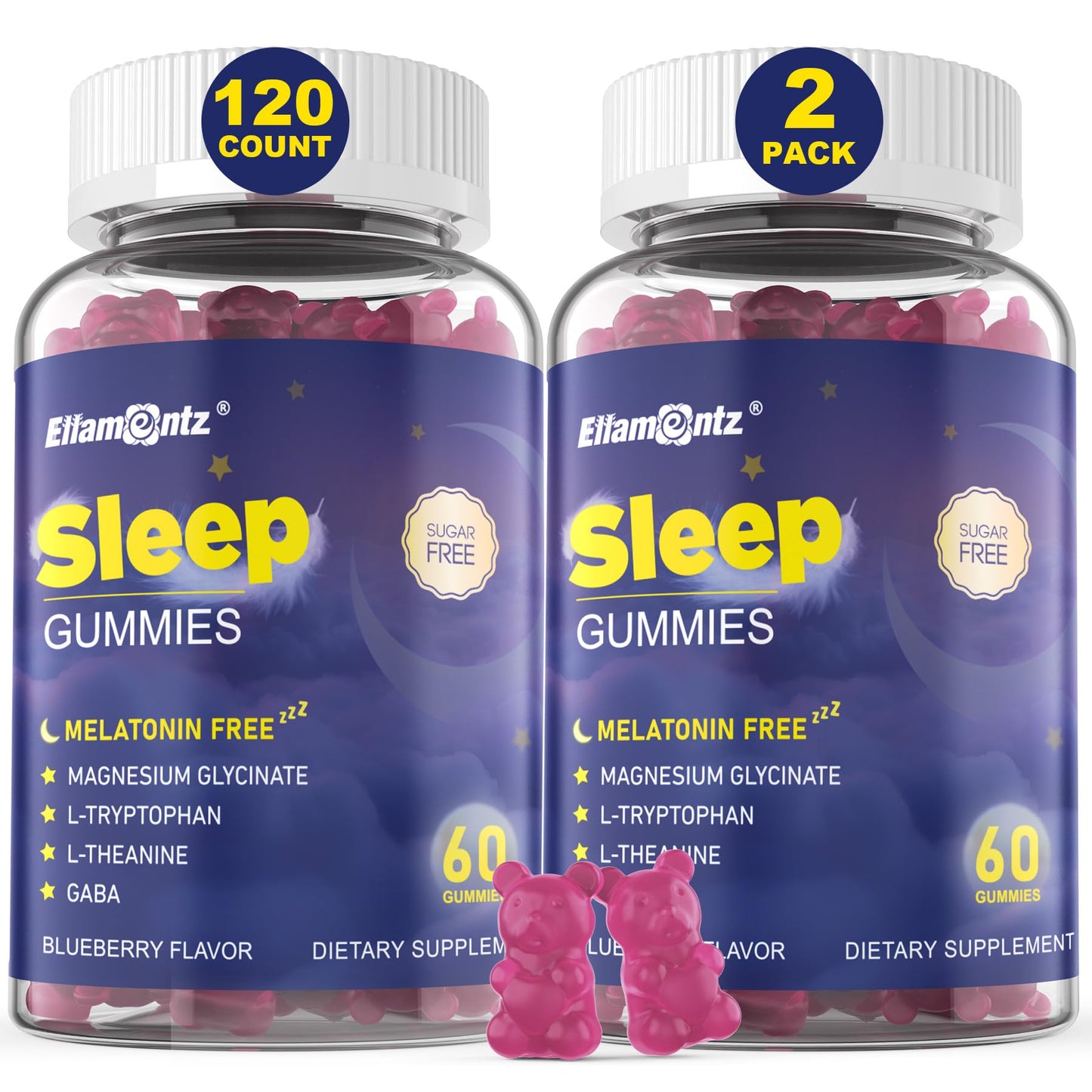 ELLAMENTZ Sleep Gummies No Melatonin with Magnesium Glycinate, L-Tryptophan, L-Theanine, GABA, Ashwagandha & Valerian, Sugar Free, 120 Gummies