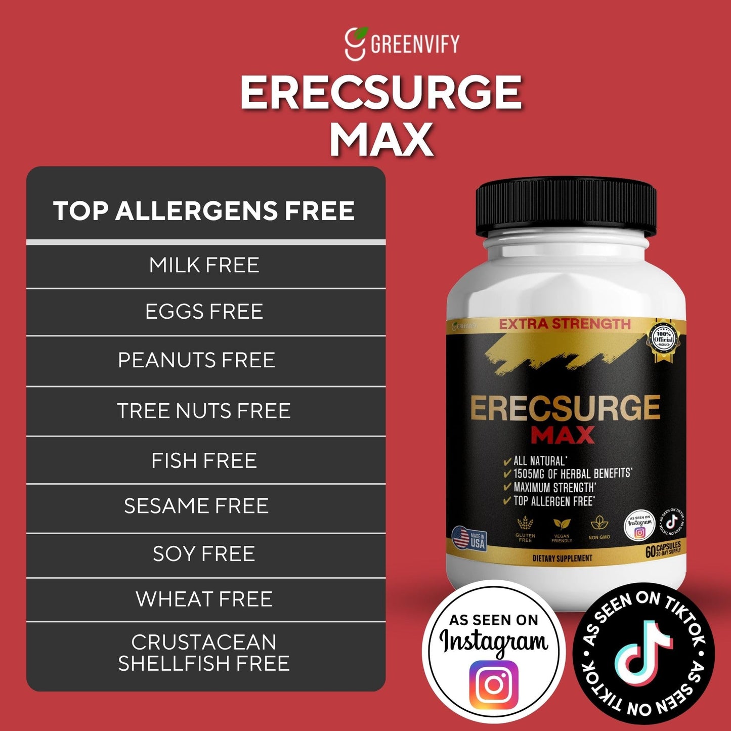 GREENVIFY Erecsurge Max Extra Strength Herbal Supplement Capsules 120 Count