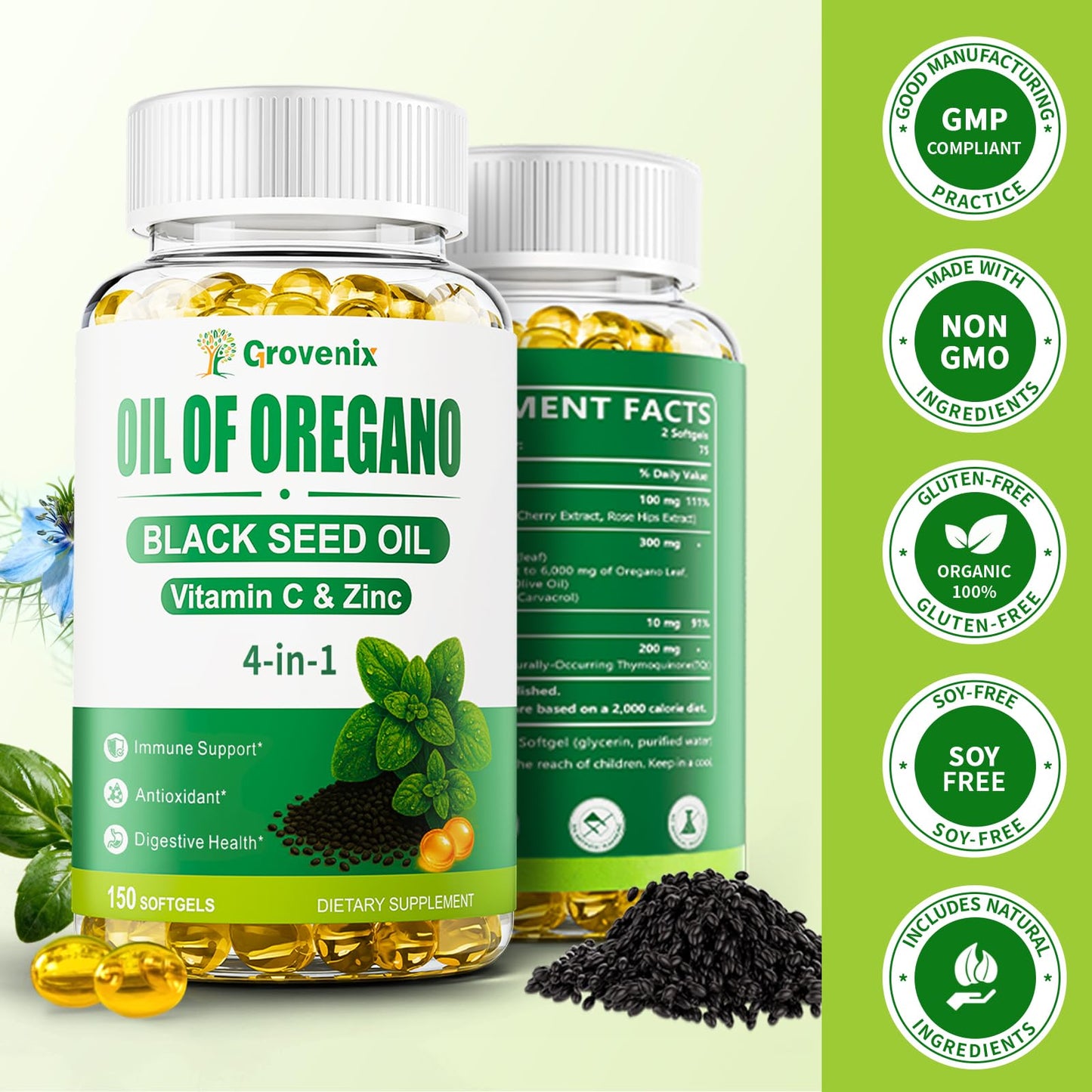 Grovenix Oil of Oregano with Black Seed Oil Softgels, 300 Count