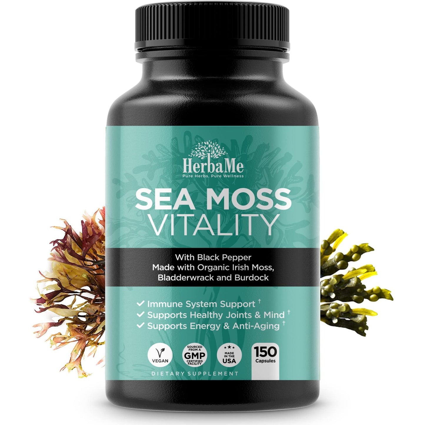 HerbaMe Organic Irish Sea Moss Supplement with Bladderwrack & Burdock, 150 Capsules