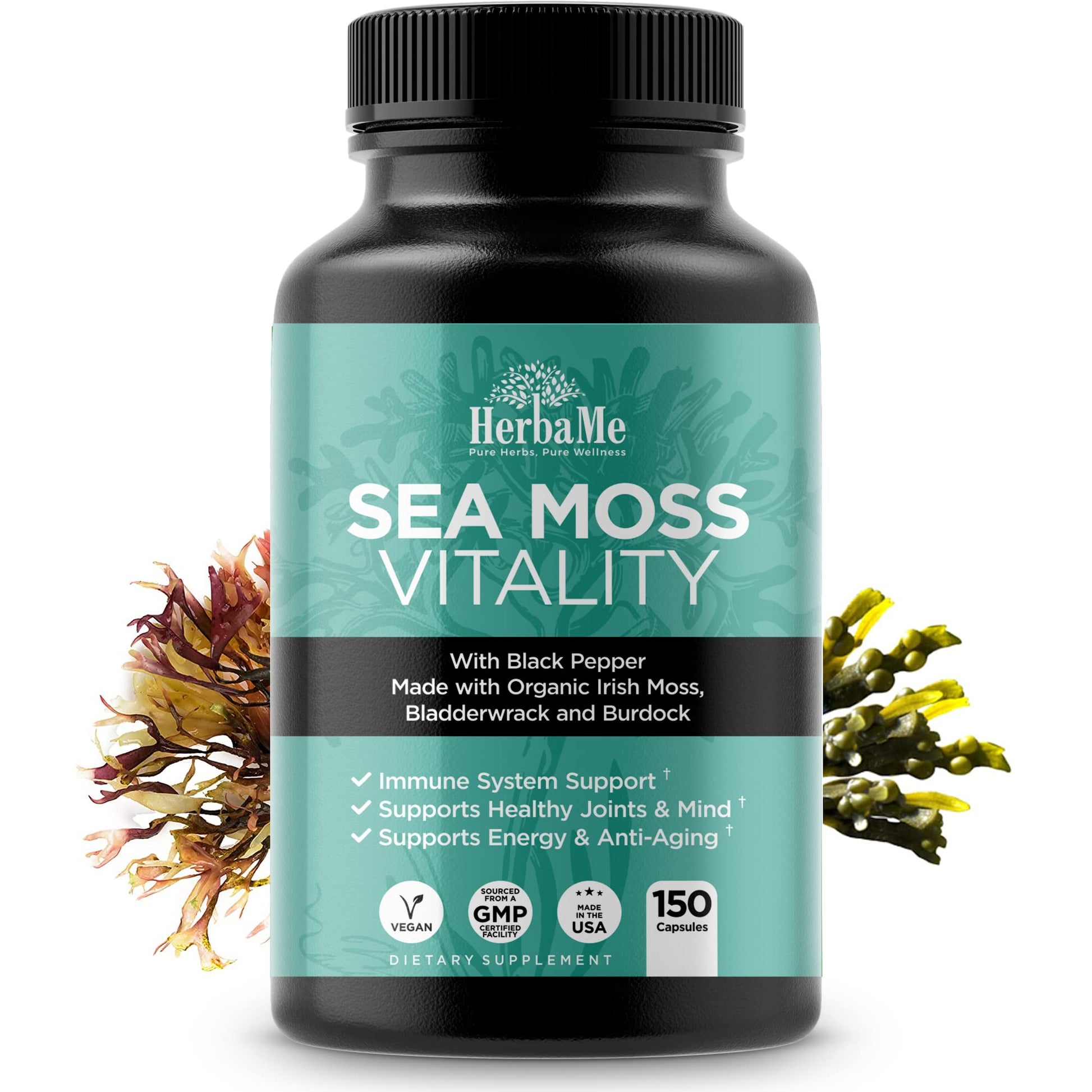 HerbaMe Organic Irish Sea Moss Supplement with Bladderwrack & Burdock, 150 Capsules