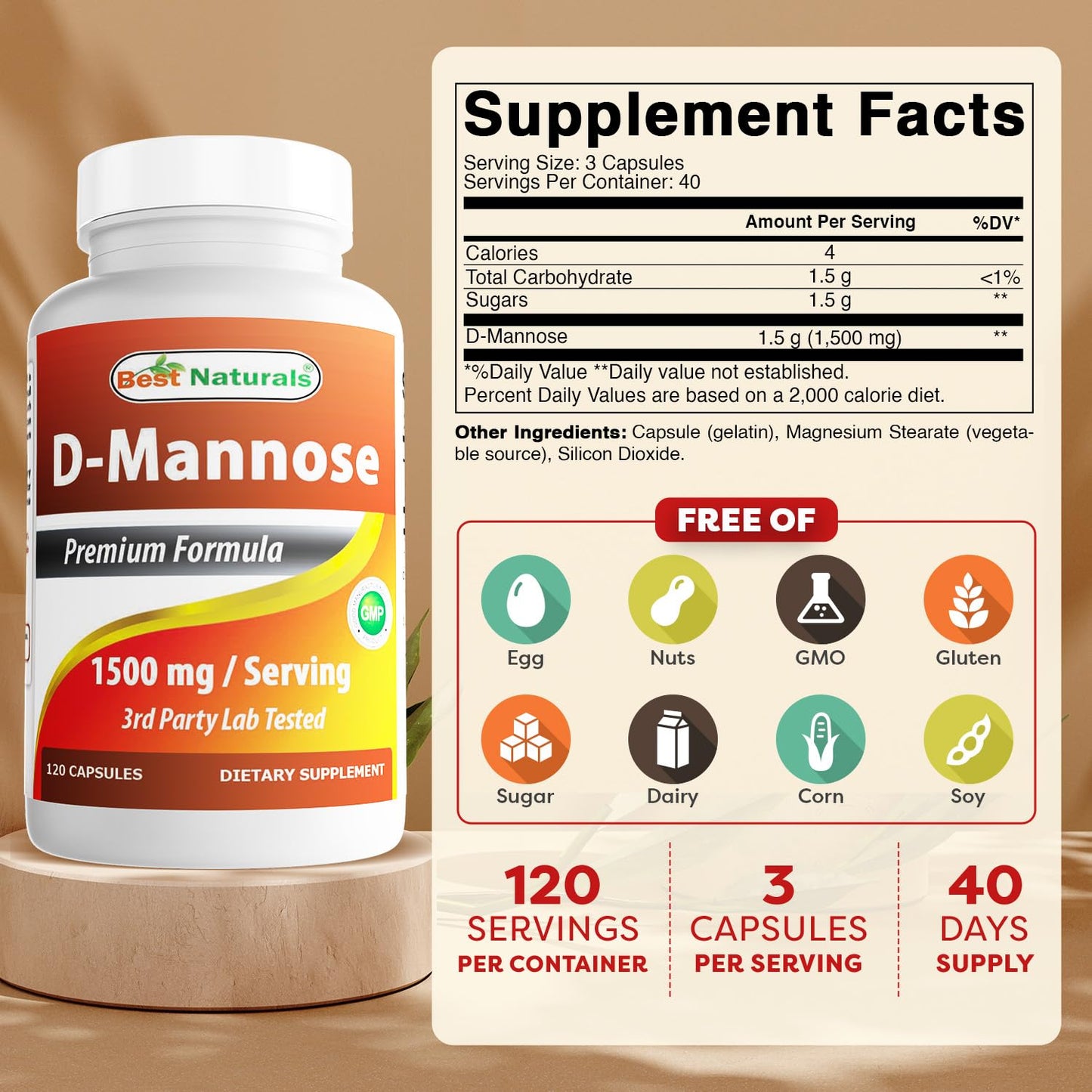 Best Naturals D-Mannose 1500 mg Capsules, 360 Count