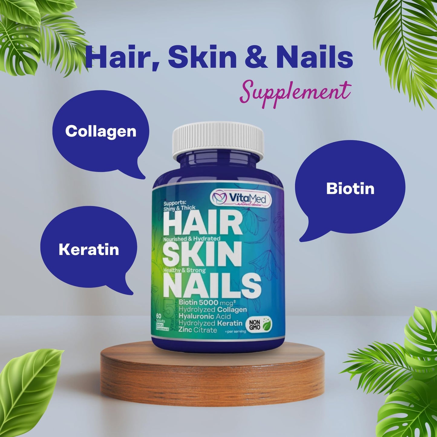 VitaMed Hair, Skin & Nails Biotin 5000 mcg, Collagen, OptiMSM, Keratin, Hyaluronic Acid & Silica 180 Tablets