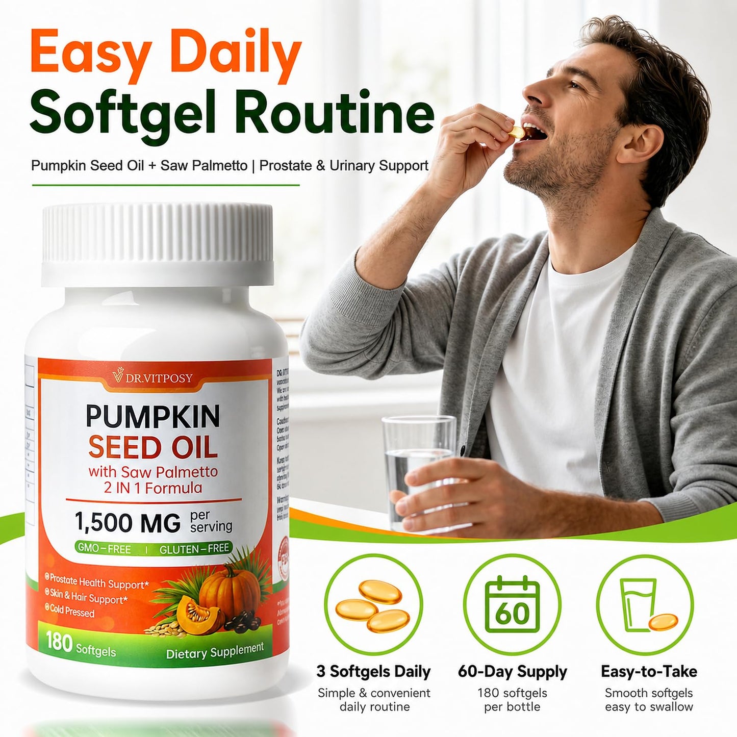 DR.VITPOSY Pumpkin Seed Oil with Saw Palmetto Softgels 180