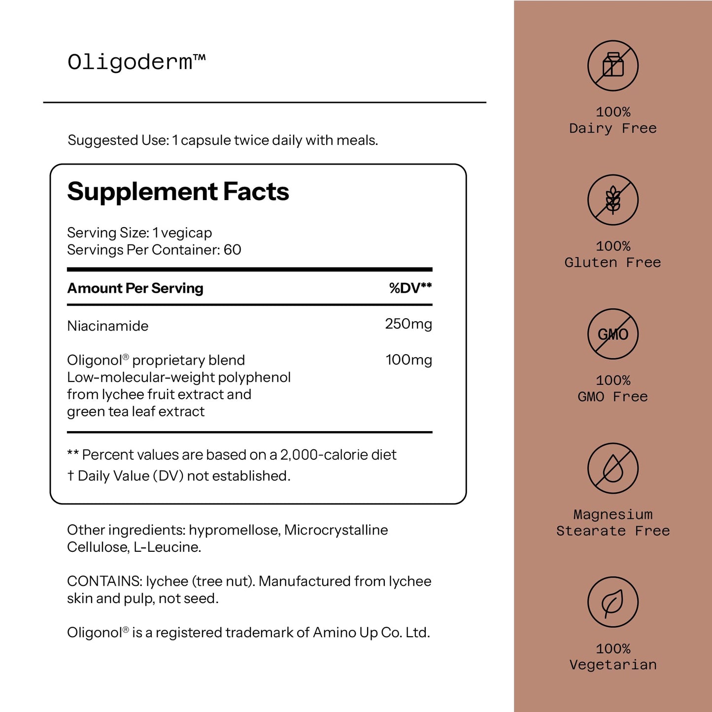 Quality of Life Oligoderm Premium Skin Support Supplement Featuring Oligonol and Niacinamide 60 Capsules