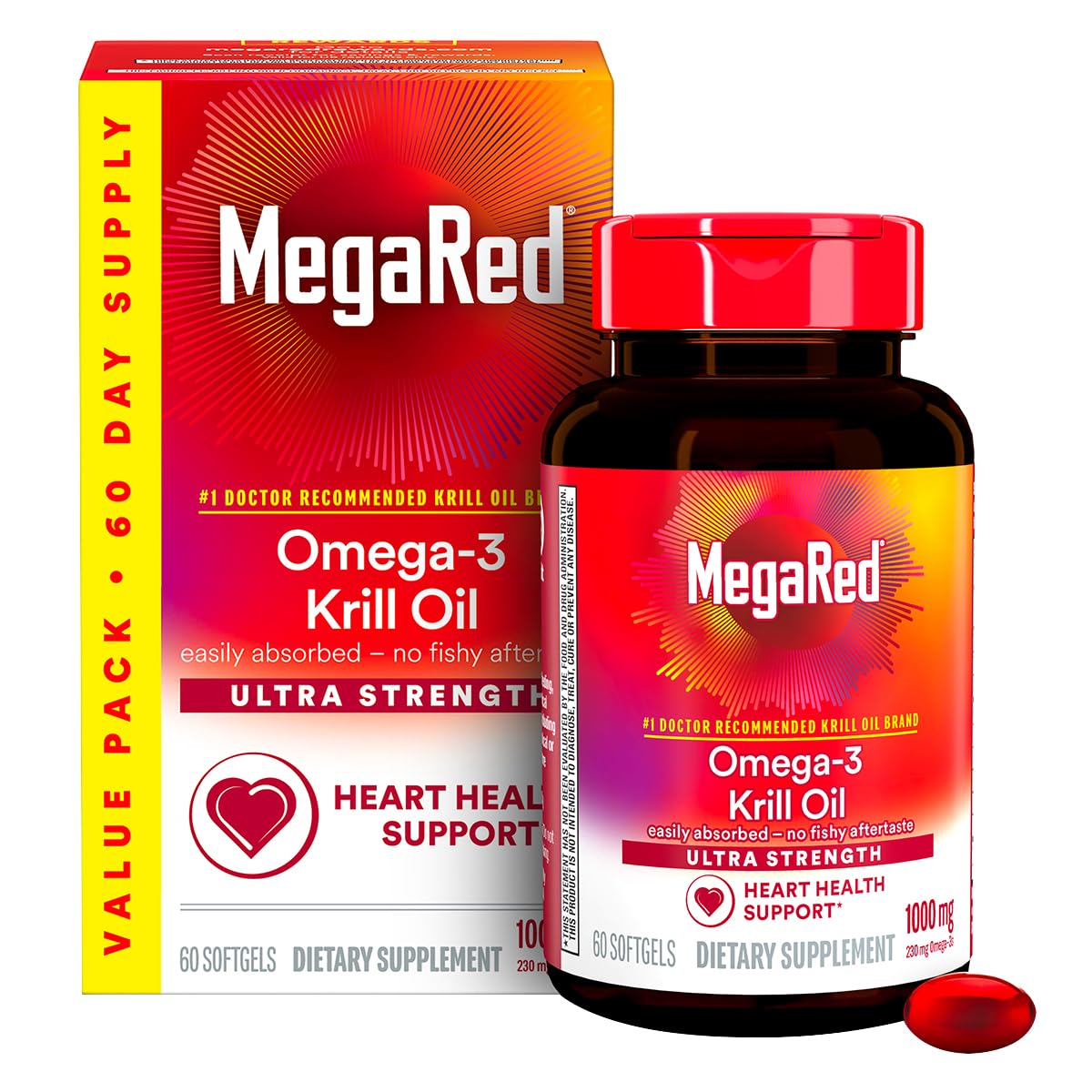 MegaRed Ultra Strength 1000mg Omega-3 Krill Oil Supplement with EPA/DHA, Astaxanthin & Phospholipids Softgels 180 Count