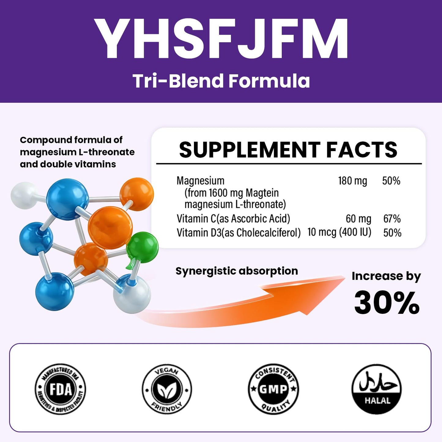 YHSFJFM Magnesium L-Threonate High Absorption Magnesium Supplement Capsule 120 Capsules