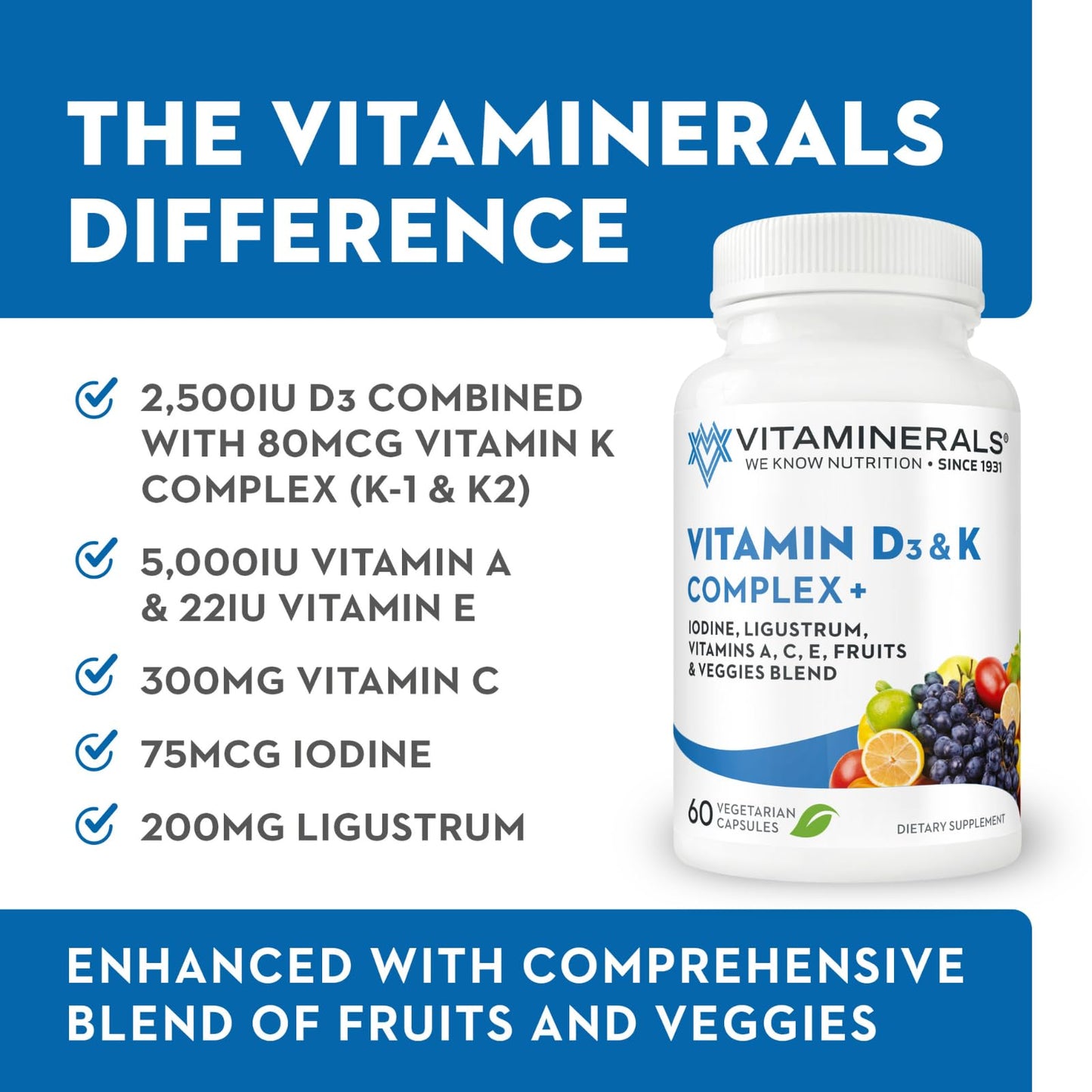Vitaminerals Vitamin D3 + K Complex Capsule, 60 Veggie Capsules