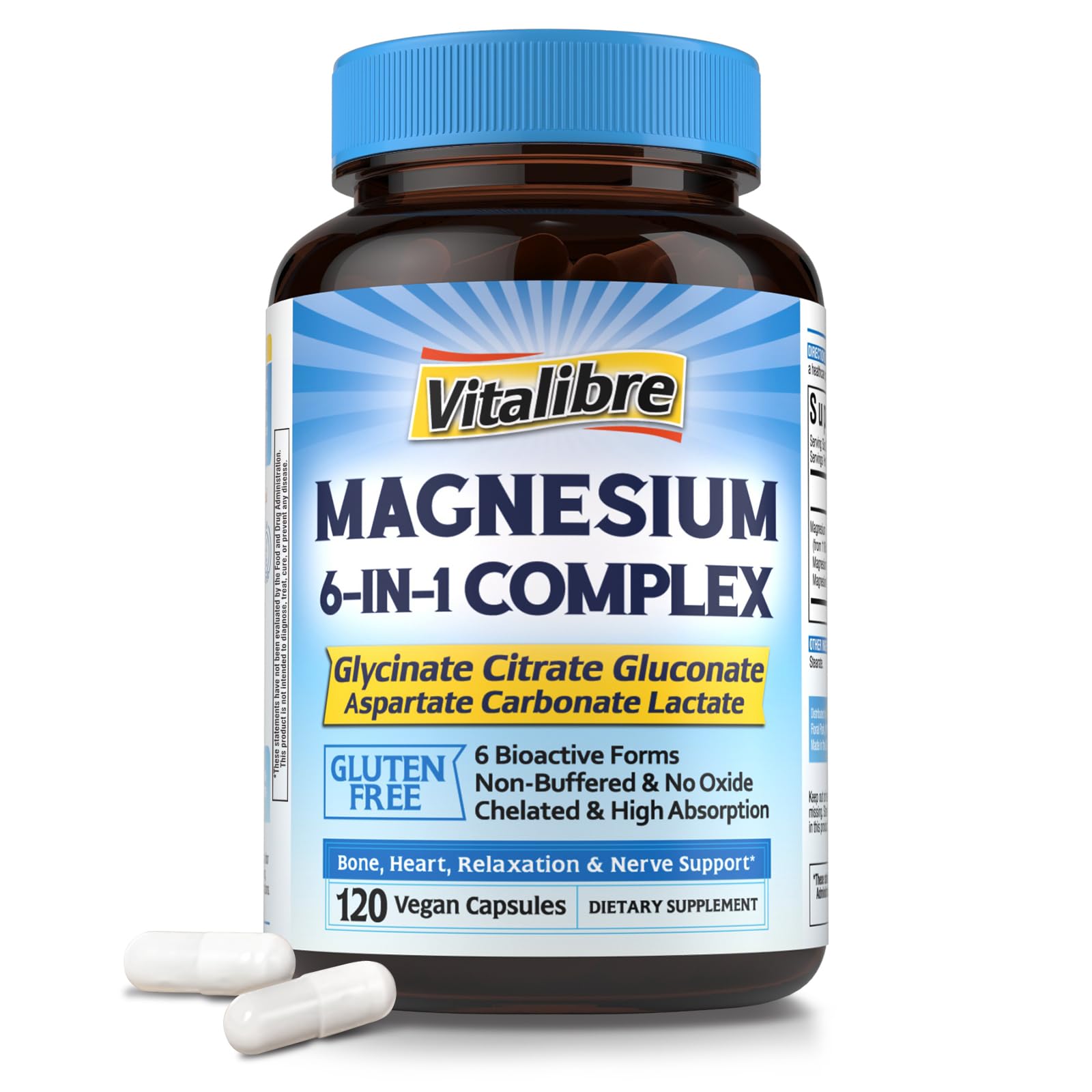 Vitalibre 6 in 1 Magnesium Complex for Women and Men, 260mg Elemental Magnesium 120 Capsules