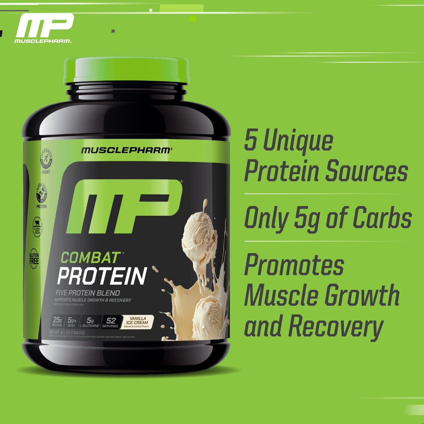 Muscle Pharm Combat Protein Powder Vanilla Flavor, 4 lb, 52 Servings