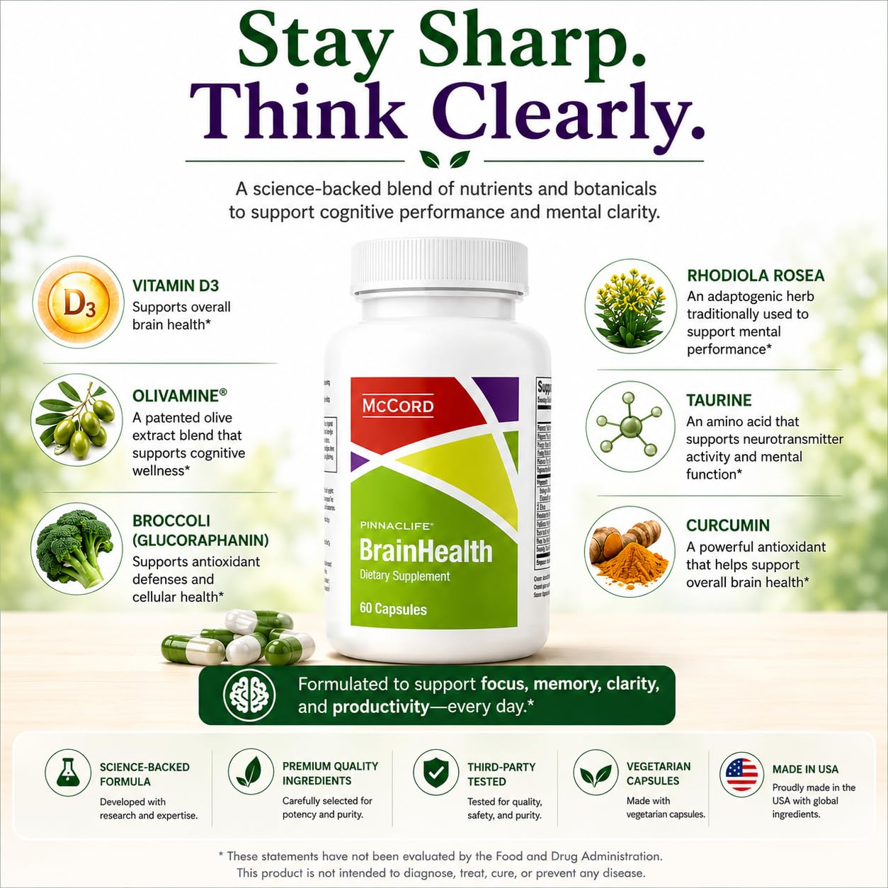 Pinnaclife McCord BrainHealth Brain Supplement with Olivamine, Vitamin D3, B6 & B12, Rhodiola Rosea, Magnesium & Taurine, Supports Memory, Focus, Clarity & Productivity for Men and Women Capsule 1