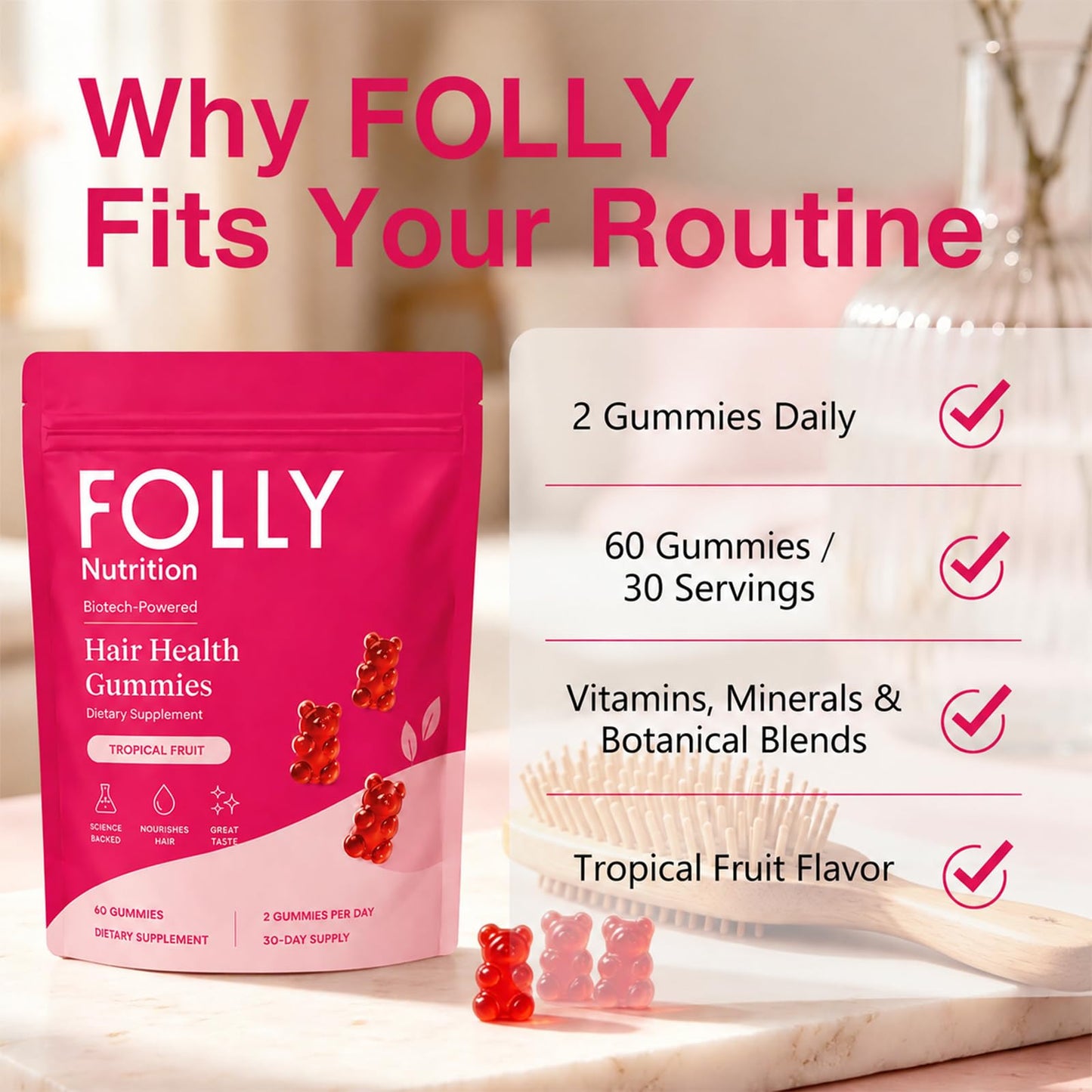 Folly Nutrition Hair Growth Gummies for Women, Biotin & Zinc Gummy, 60 Count