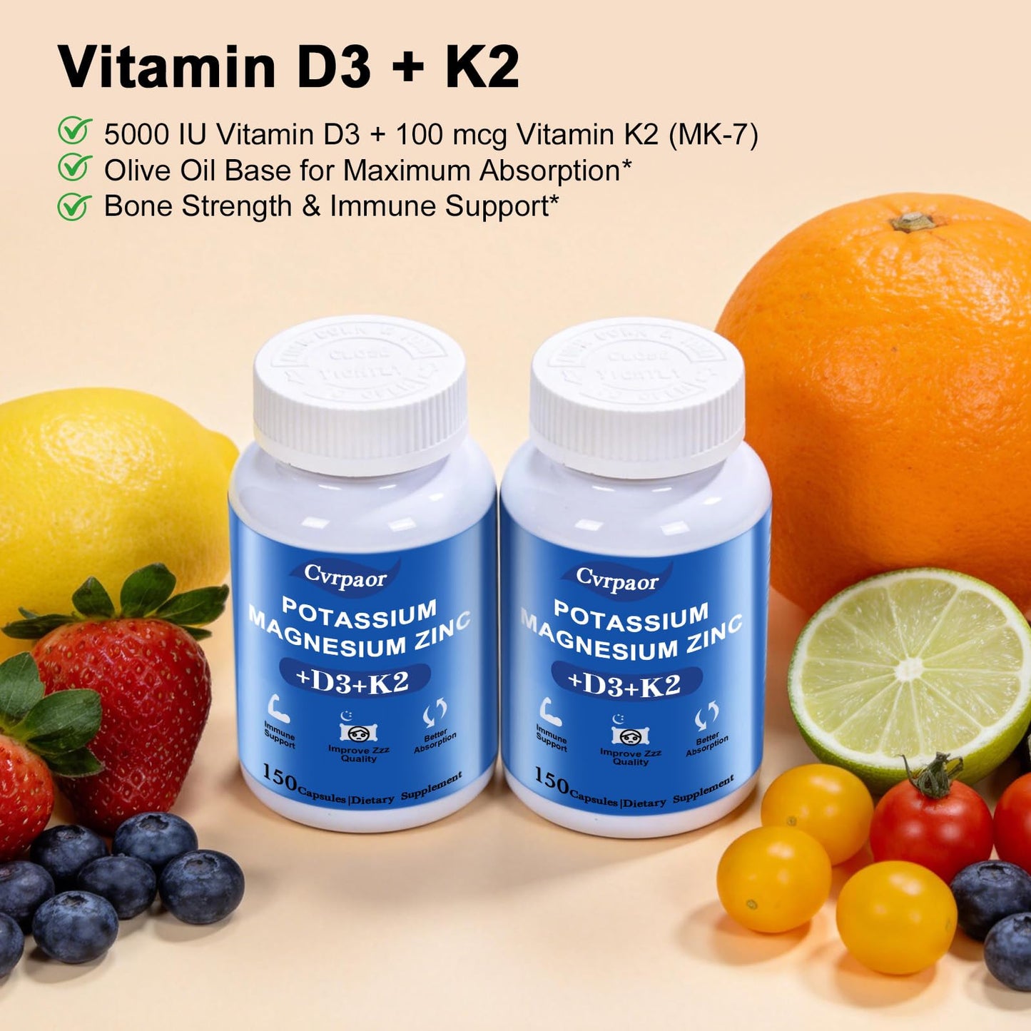 Cvrpaor Potassium Magnesium Supplement with Vitamin D3 K2 Capsule 150 Counts