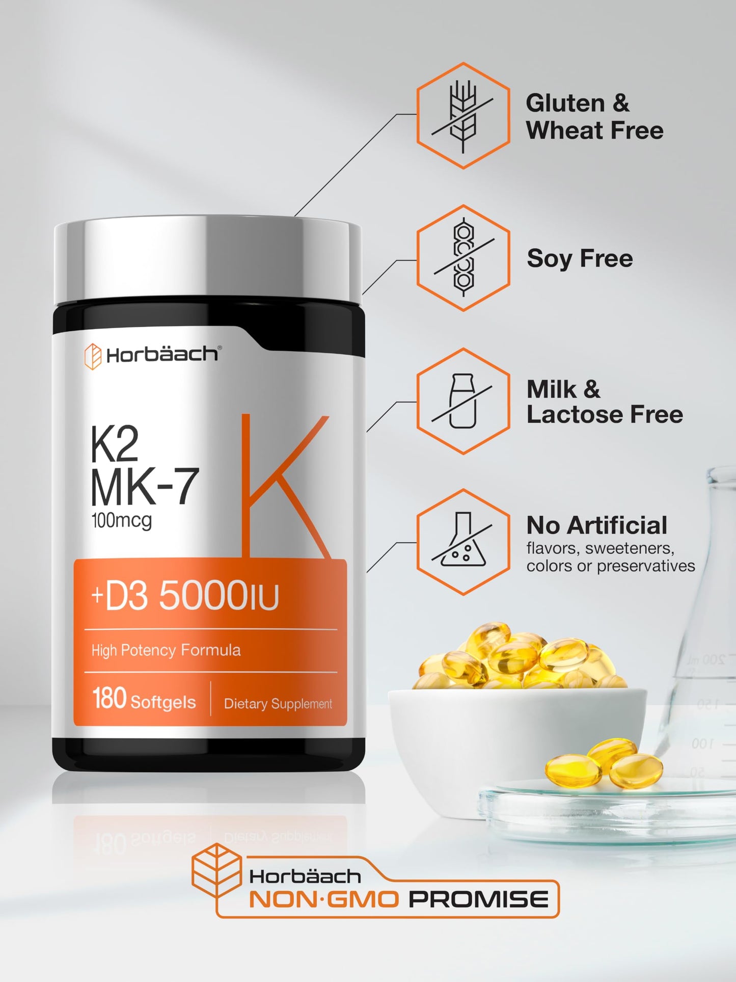 Horbäach Vitamin D3 K2 5000 iu 100mcg MK-7 Complex Softgel Capsules 180