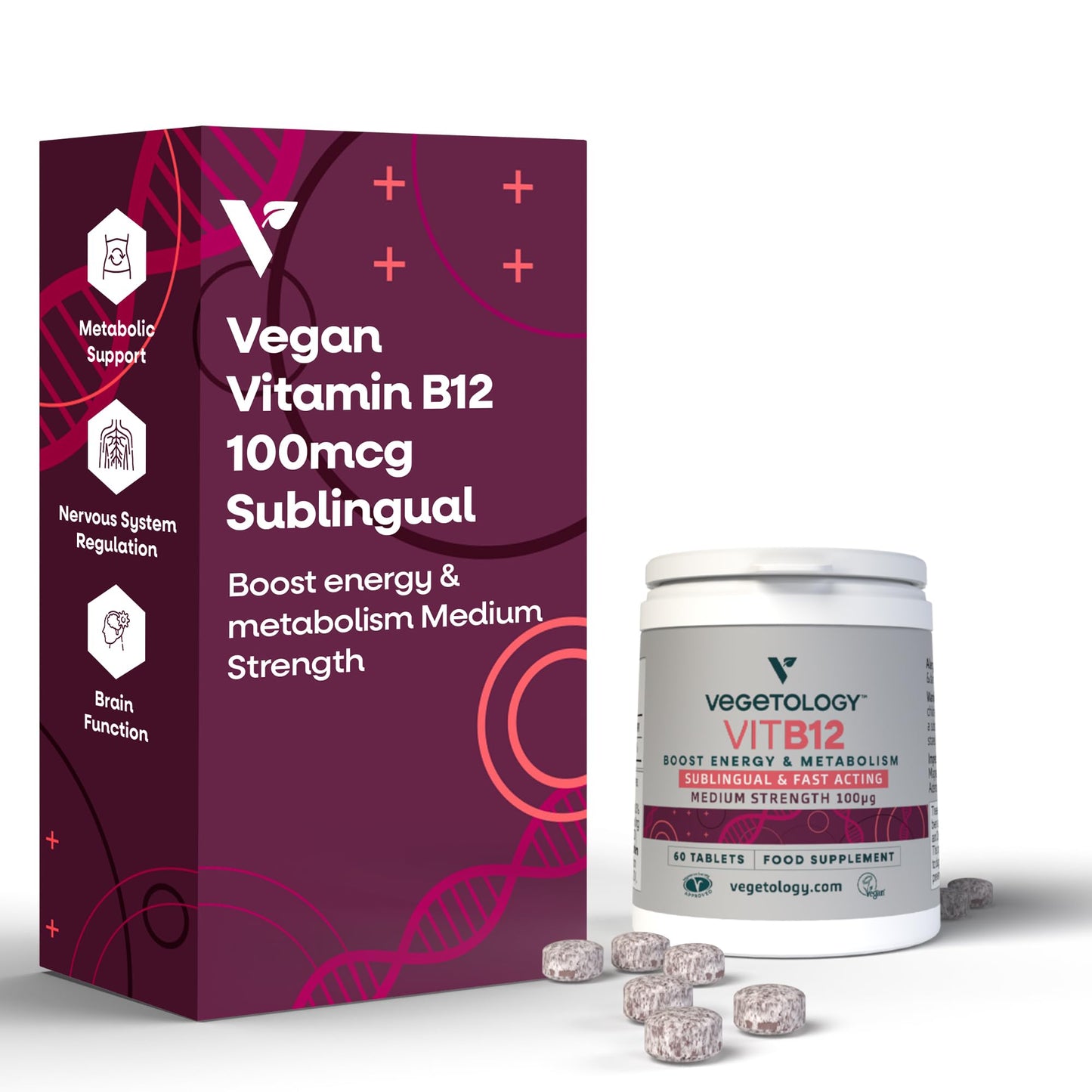 VEGETOLOGY Vegan Vitamin B12 Sublingual Supplement — for Metabolism & Energy, Vitamins & Health Supplements, 60 Tablets