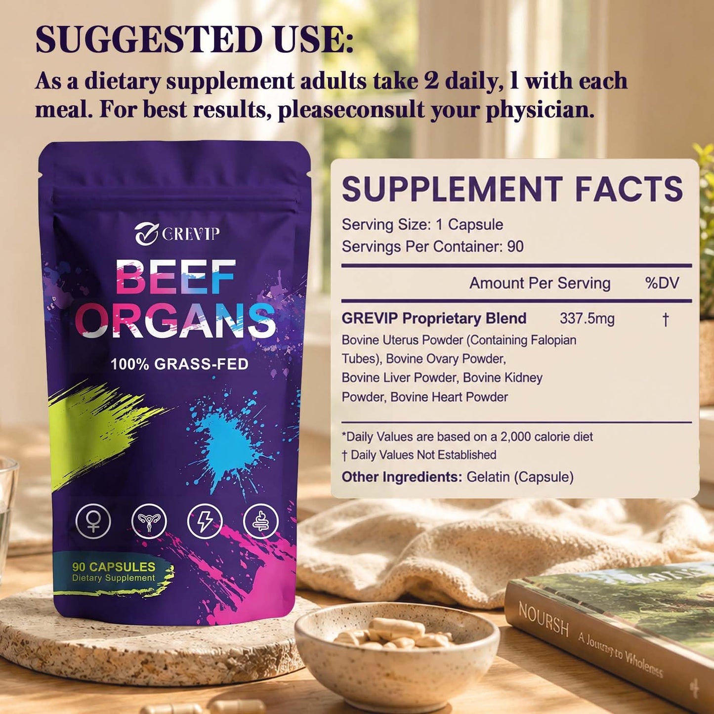 GREVIP Beef Organ Supplement for Women Capsules, 90 Count