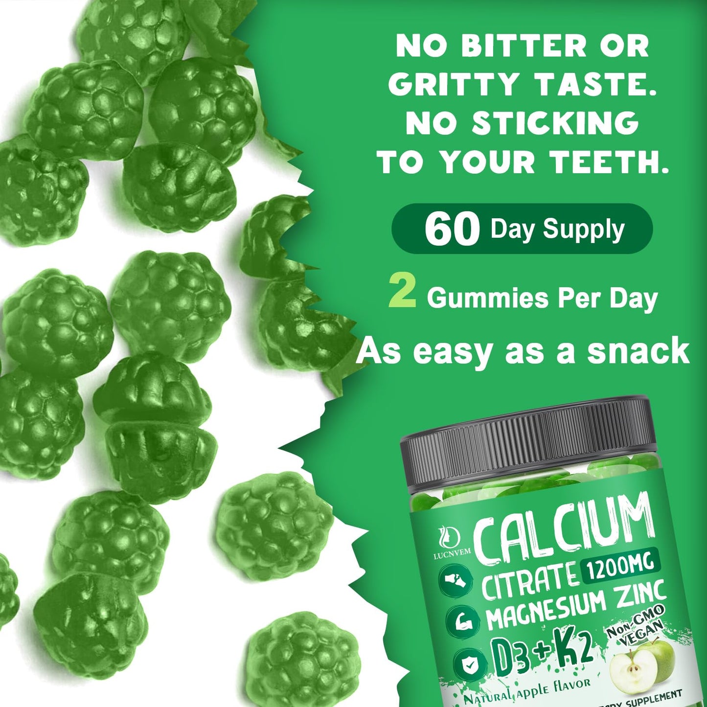 LUCNVEM Calcium Citrate 1200 mg with Vitamin D3 Gummies for Women & Men, Calcium Magnesium Zinc with Vitamin D3 K2 for Bone & Teeth Support, Natural Apple Flavor, 120 Gummies