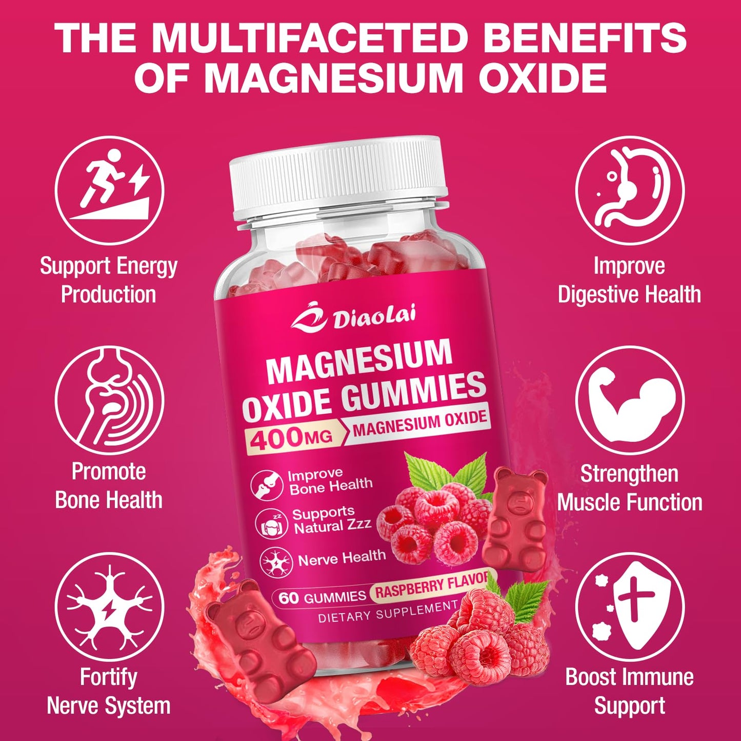 DIAOLAI Magnesium Oxide Gummies 400mg for Nerve & Muscle Support, Chewable Raspberry Flavor, Sugar-Free, Non-GMO, 120 Count