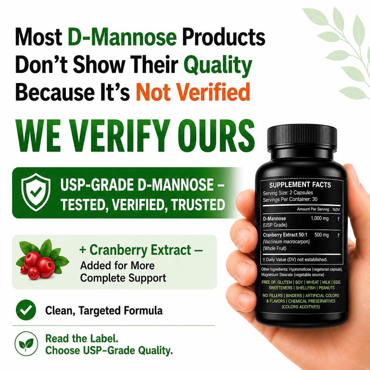 HCL Herbal Code Labs D-Mannose with Cranberry Extract 1500mg, 60 Capsules