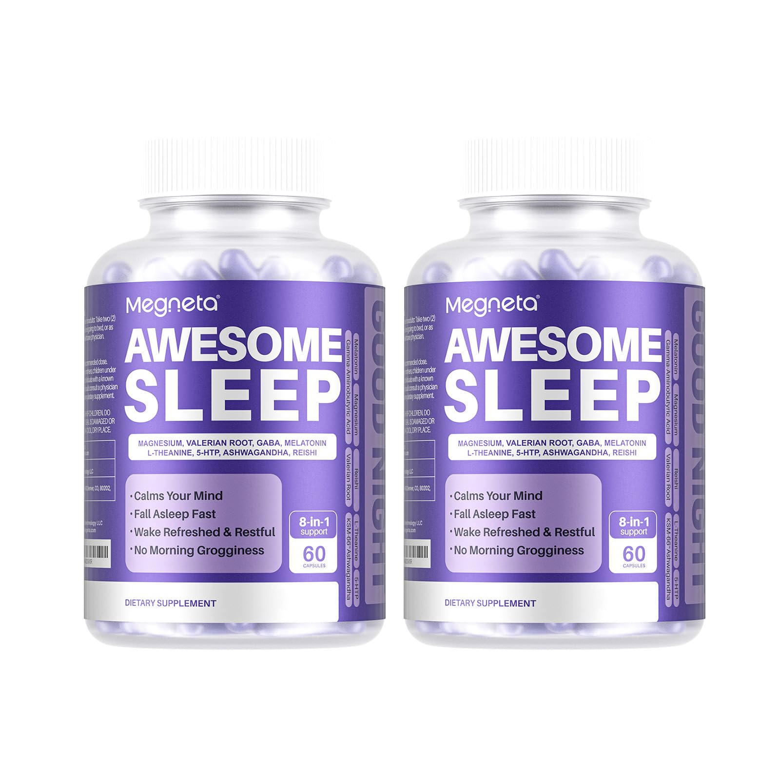 MEGNETA 8-IN-1 All-Natural Sleep Support Supplement for Adults with Ashwagandha, L-Theanine Capsules 120