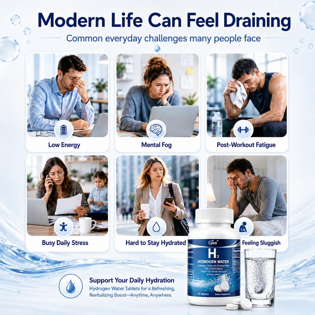 DVO 12 PPM H2 Hydrogen Water Tablets with Magnesium, Molecular H2 Supplement, Fast-Dissolving Tablets for Fresh Hydrogen-Rich Water, Daily Hydration, Energy & Antioxidant Support, 90 Tablets