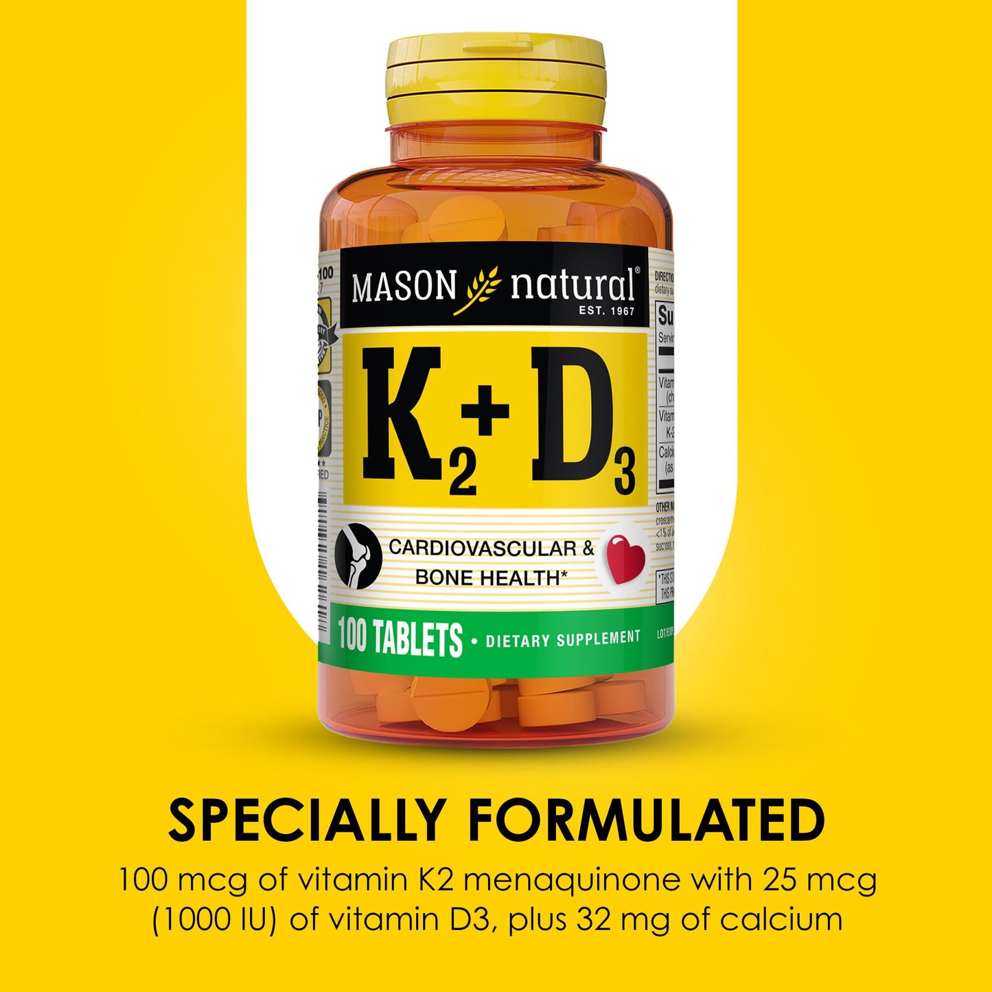 Mason Natural Vitamins K2 & D3 with Calcium Tablets, 100 Count