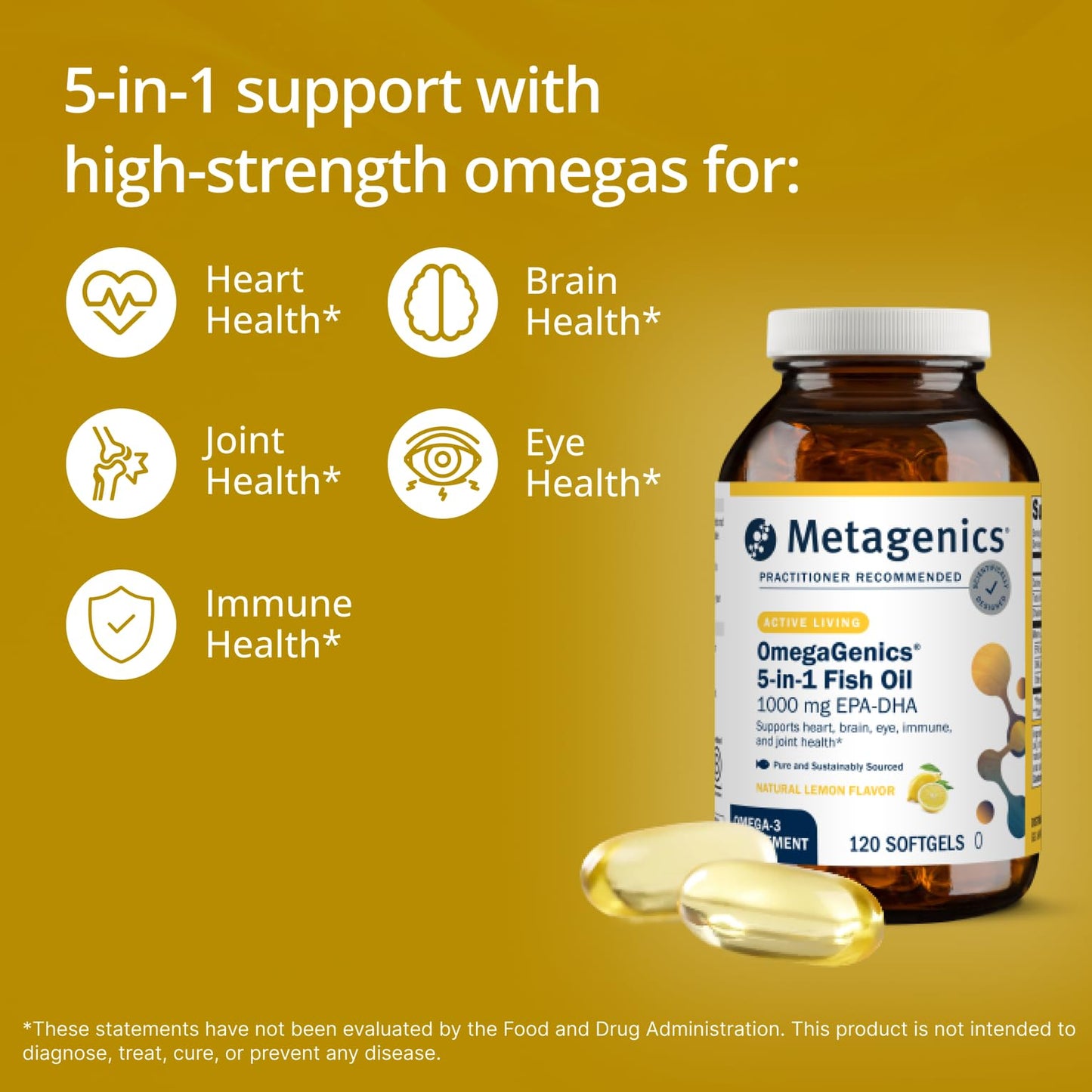 Metagenics OmegaGenics Omega-3 Fish Oil 1000mg EPA DHA High Potency Omega-3 Supplement for Heart, Brain & Joint Health Sustainably Sourced 120 Softgels