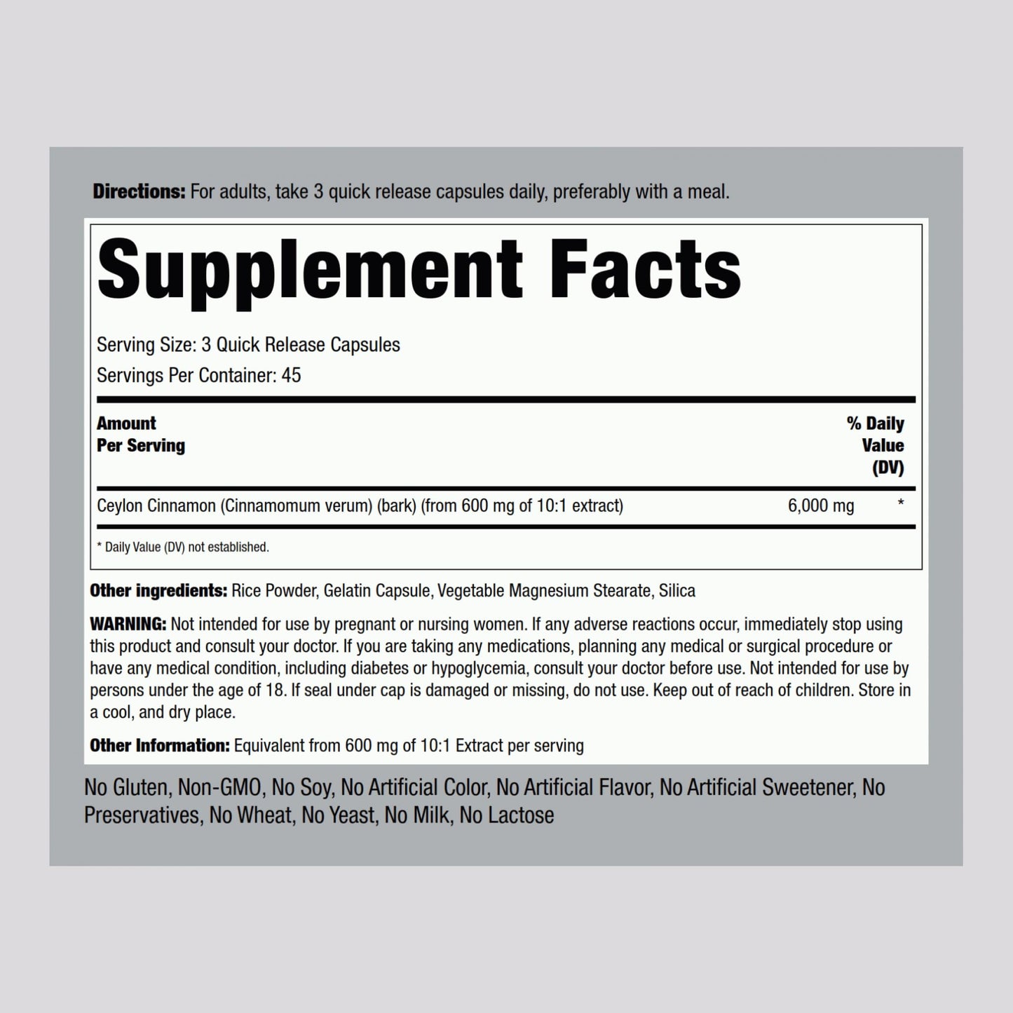 Piping Rock Ceylon Cinnamon Supplement Capsules 135