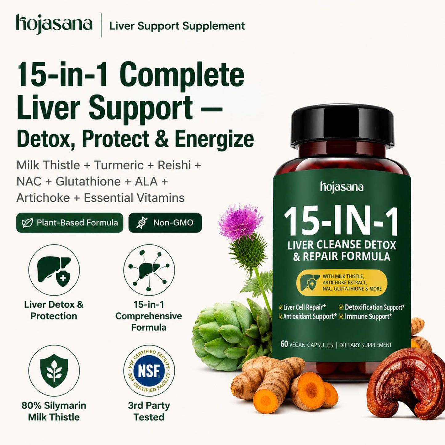 HojaSana Milk Thistle 80% Silymarin Liver Support Capsule, 60 Count