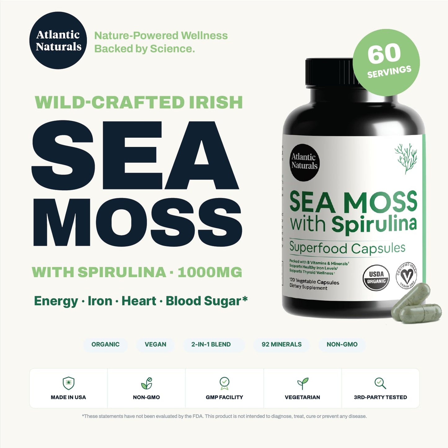 Atlantic Naturals Sea Moss with Spirulina Superfood Capsules 120 Count