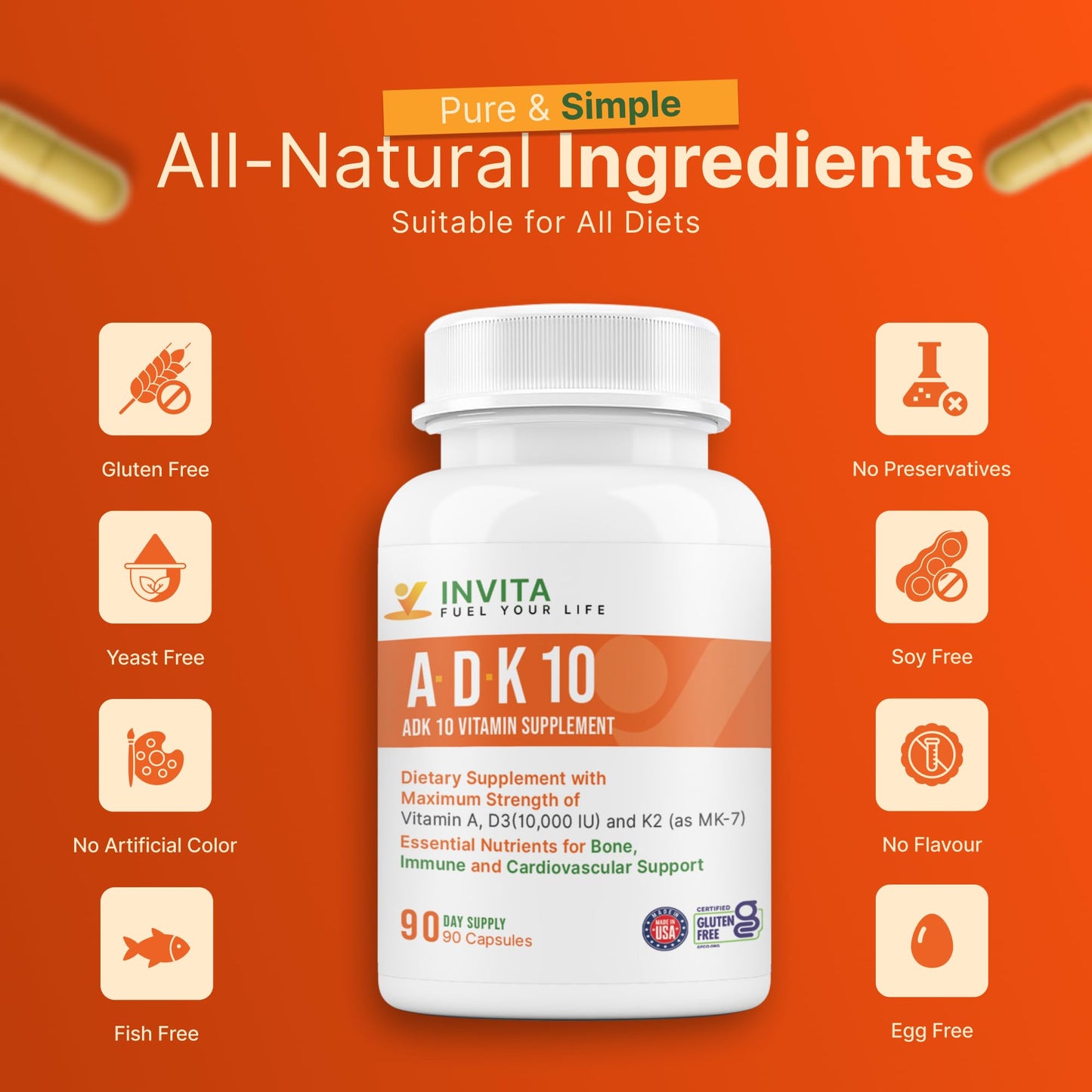 INVITA ADK 10 Vitamin Supplement Capsule, 90 Count