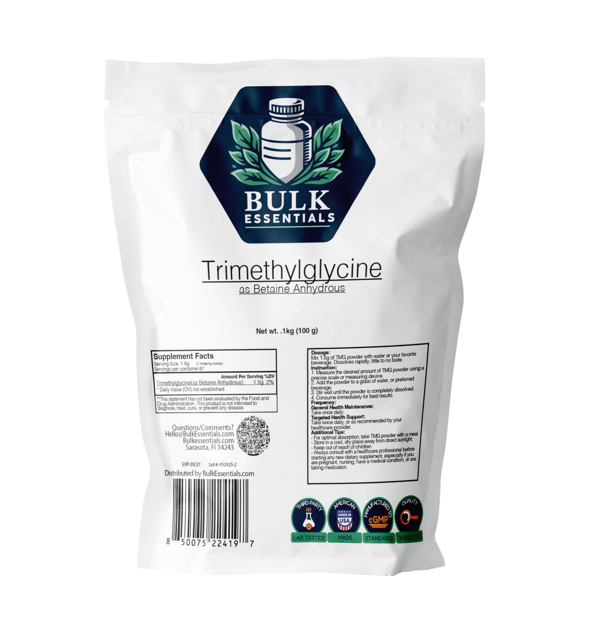 Bulk Essentials Trimethylglycine (Betaine Anhydrous) Powder, 3.53 oz