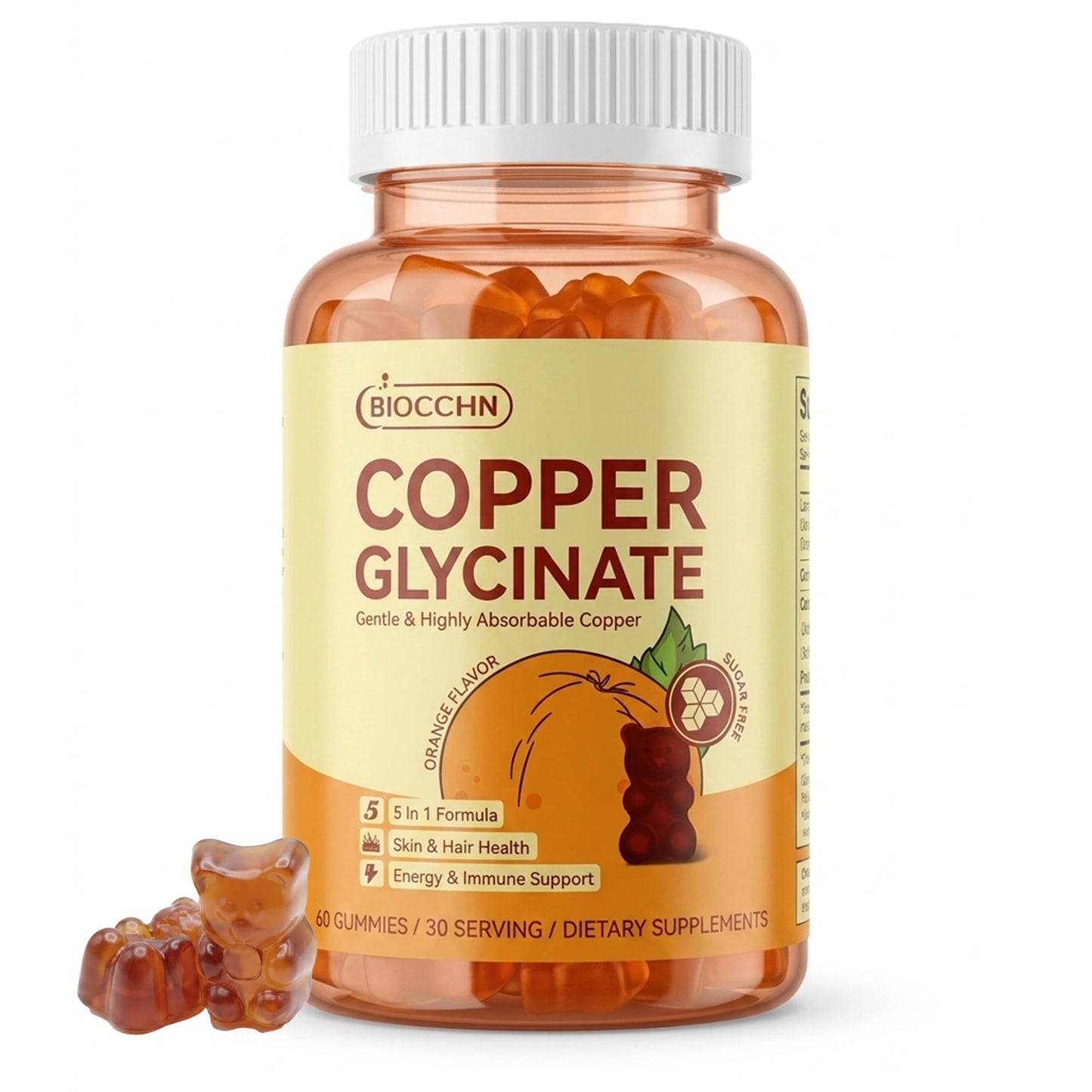 BIOCCHN Copper Glycinate Gummies for Skin & Hair Health, 2 mg Chelated Copper with Vitamin C, B6, B12 & Folate, Sugar-Free, Vegan, 60 Gummies