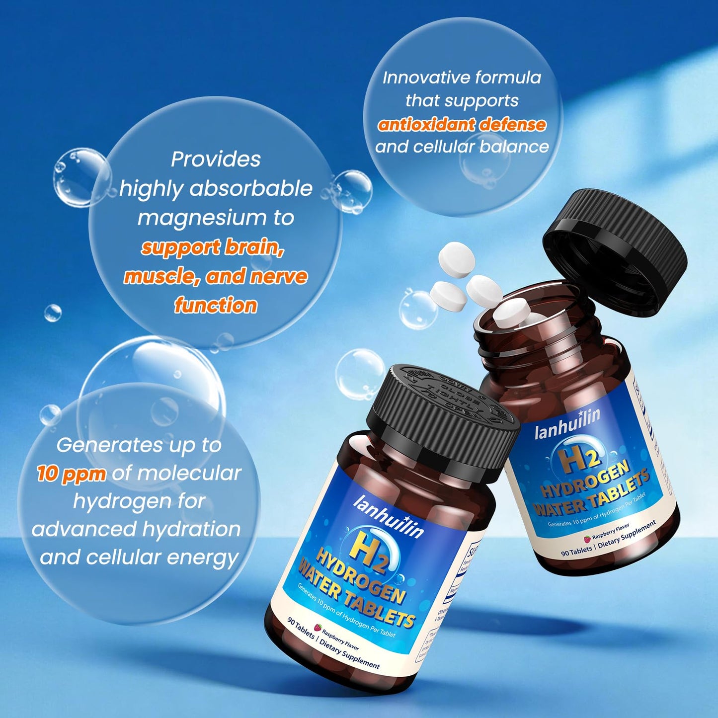 lanhuilin Hydrogen Water with Magnesium 150mg, 10 PPM Molecular Hydrogen for Drinking Water, H2 Hydrogen Water Supplement for Brain Health, Raspberry, 90 Tablets