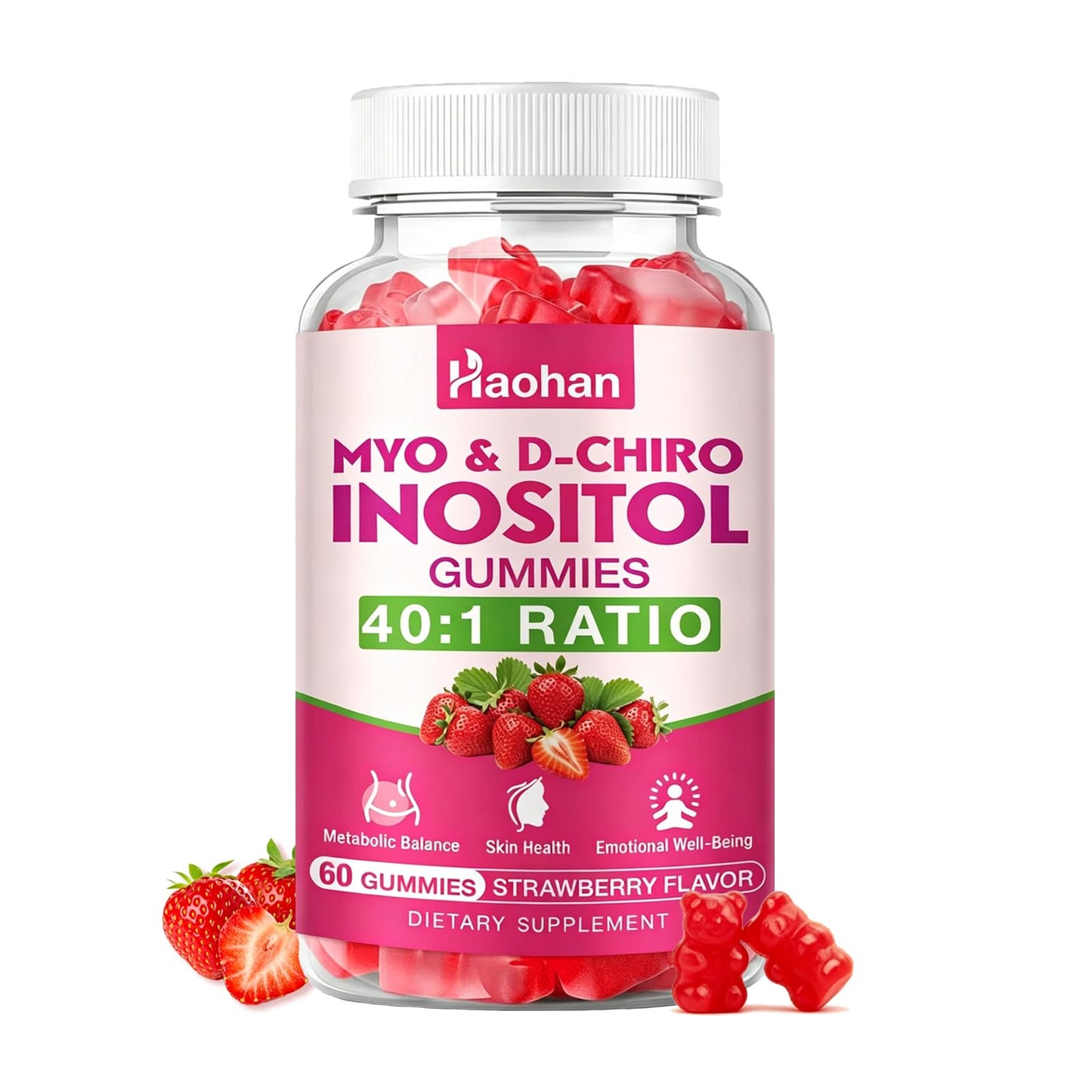 Haohan Myo-Inositol & D-Chiro Inositol Gummies for Female Health with Vitamin D3, Magnesium Glycinate, Folate & Zinc, Sugar Free, Strawberry Flavor, 60 Gummies
