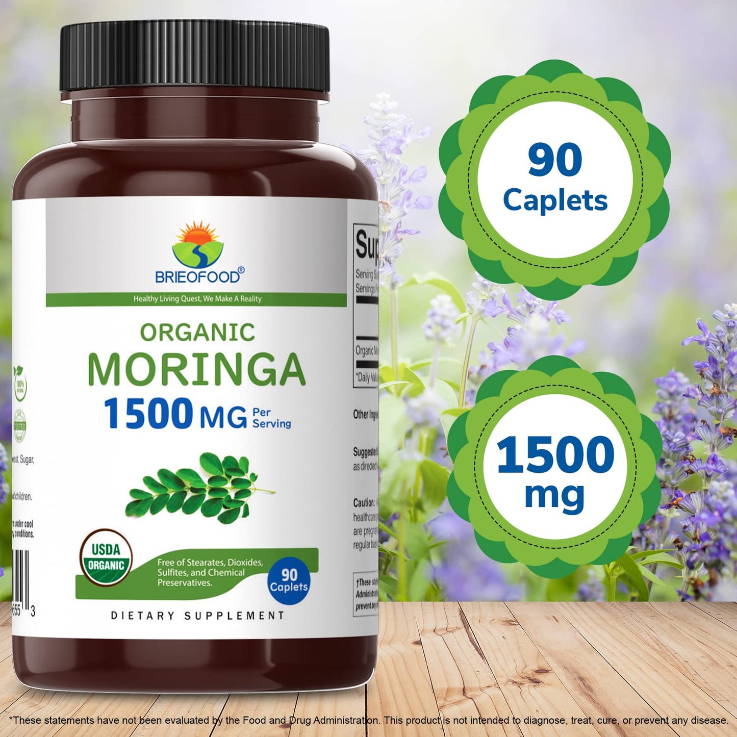 Brieofood Organic Moringa 1500mg Tablets, 90 Count