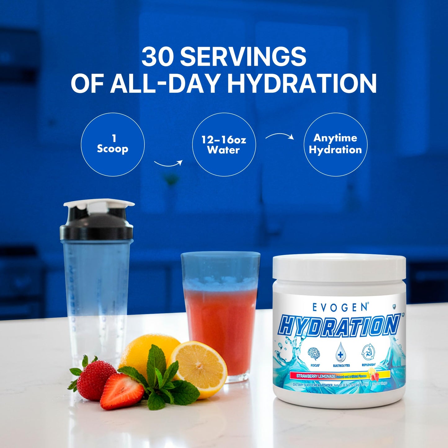 Evogen Hydration Sugar-Free Electrolytes Powder, 30 Servings