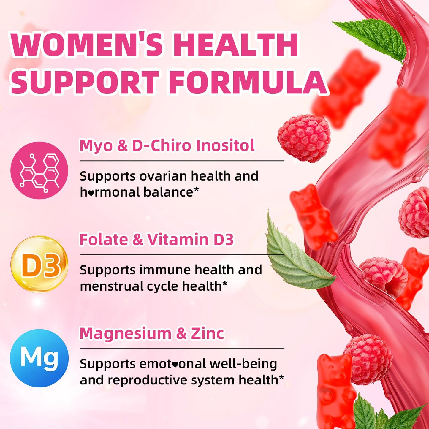 XIAAN Myo Inositol Gummies 1000mg with D-Chiro Inositol for PCOS & Female Health, Vegan, Sugar-Free, Gluten-Free, Raspberry Flavor, 120 Gummies