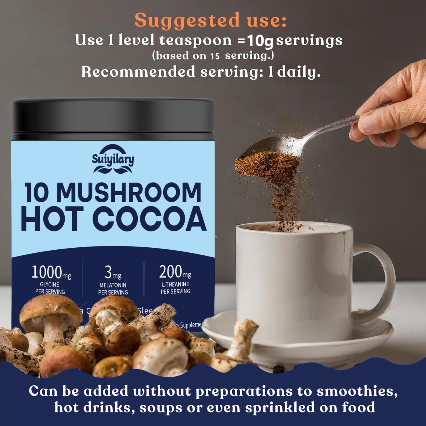Suiyilary 10 Mushroom Hot Cocoa Powder With Melatonin, 5.3 Ounce, 15 Servings