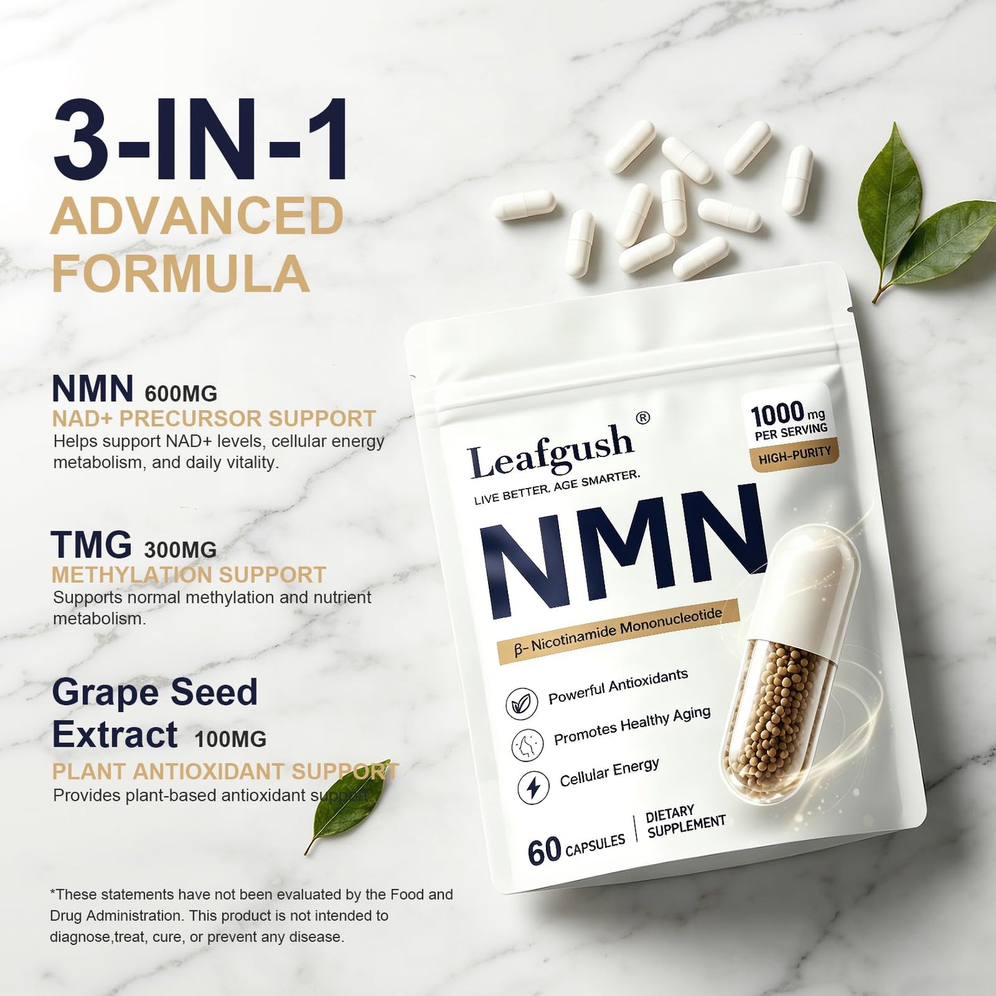 Leafgush NMN Supplement 1000mg NAD+ Precursor with TMG 300mg & Grape Seed Extract 100mg, Nicotinamide Mononucleotide for Cellular Energy & Healthy Aging, Advanced 3-in-1 Daily Formula, Capsules 90 Count