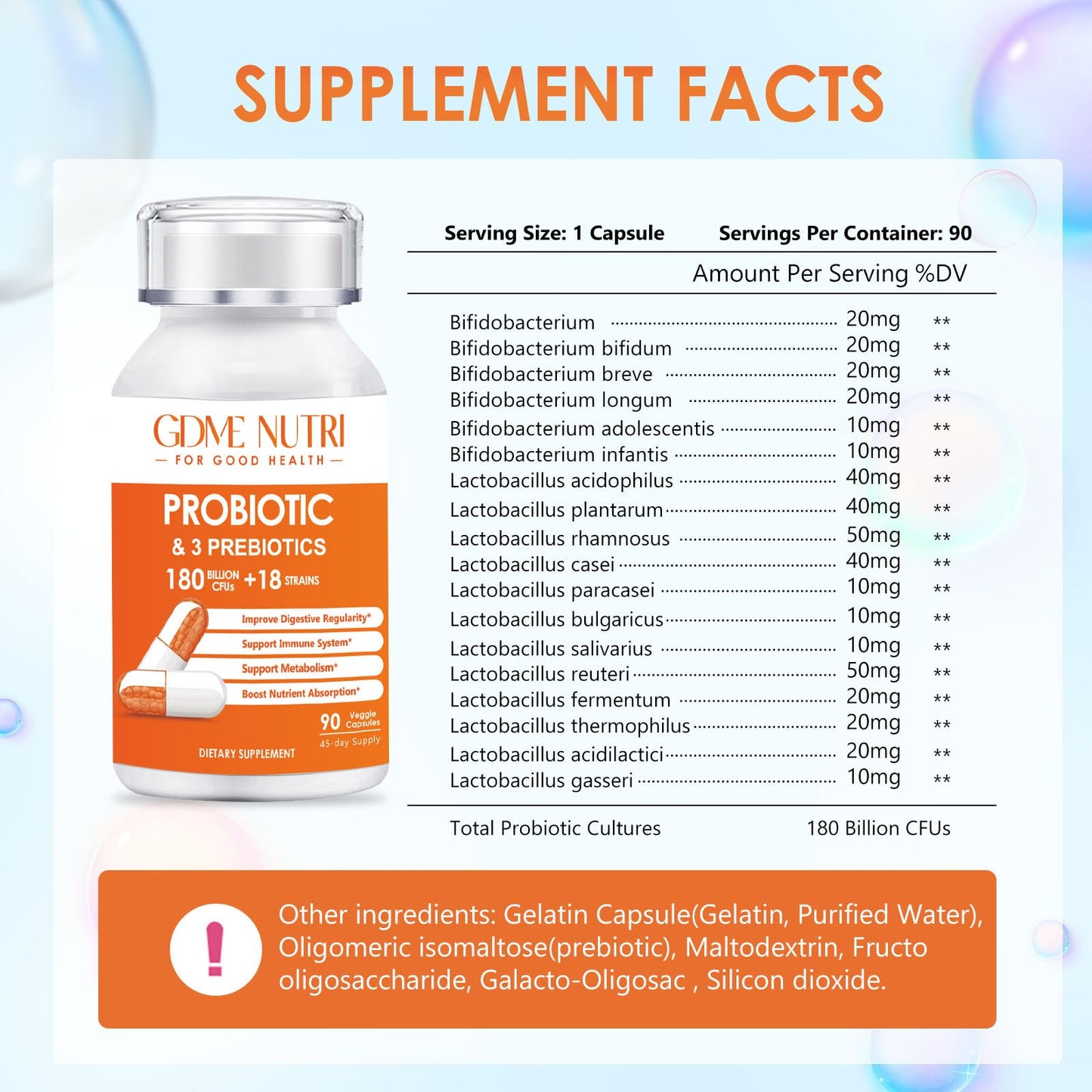 GDMENUTRI Probiotic Capsules, 180 Billion CFU, 18 Strains, 90 Count