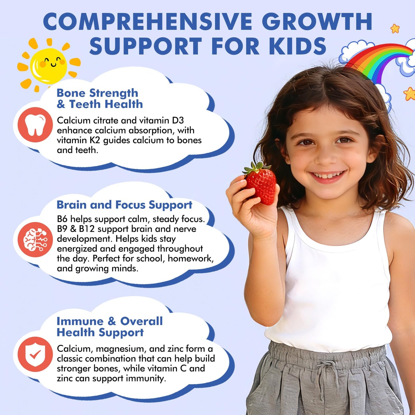 LUCNVEM Kids Calcium Citrate Gummies with Vitamin D3, Calcium Citrate 300/600 mg with Magnesium Zinc & Multivitamin, Sugar Free Strawberry, 120 ct