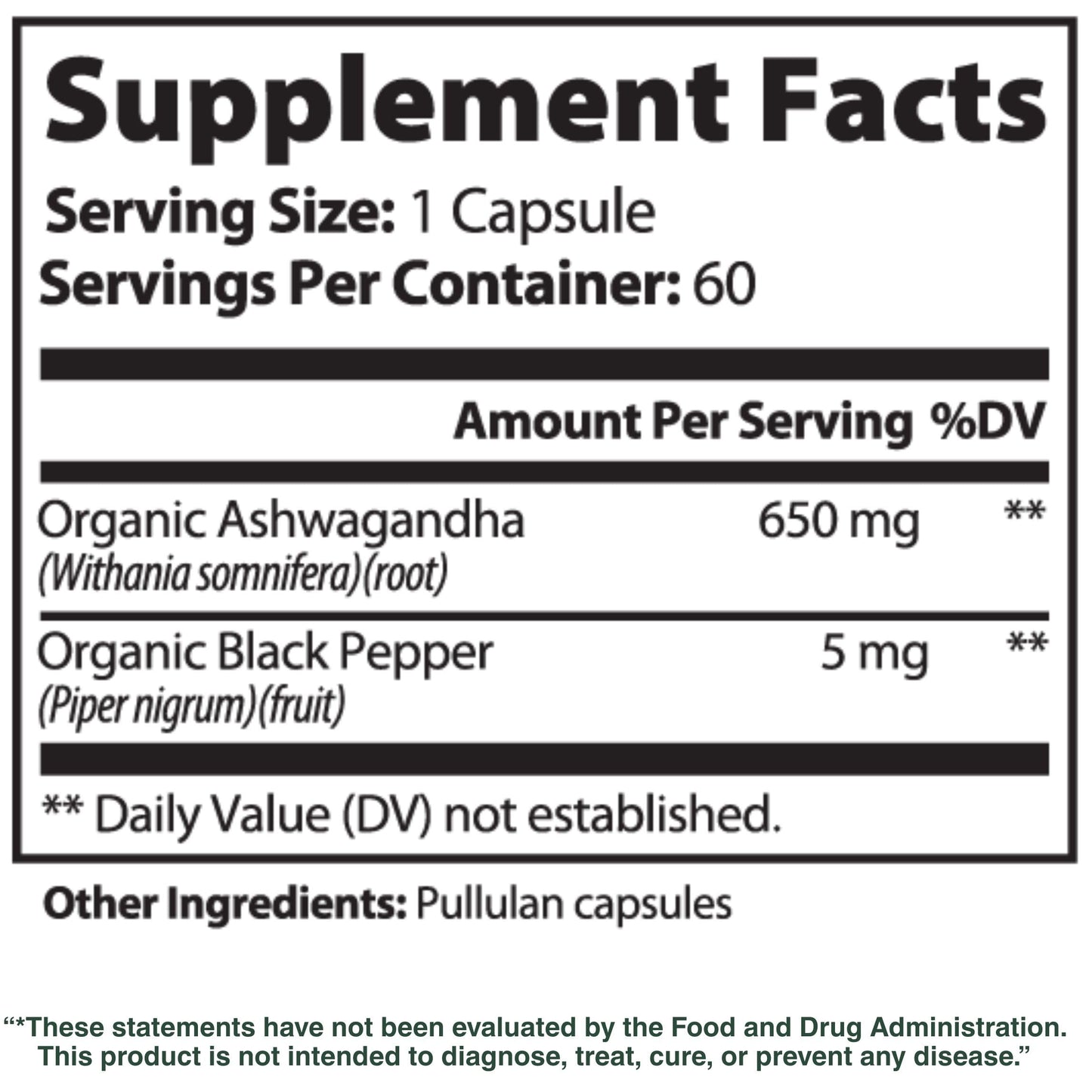 Sun Vitals Ashwagandha Ultra Potent 650 mg Organic Ashwagandha Root with Black Pepper, Capsules, 60 Count