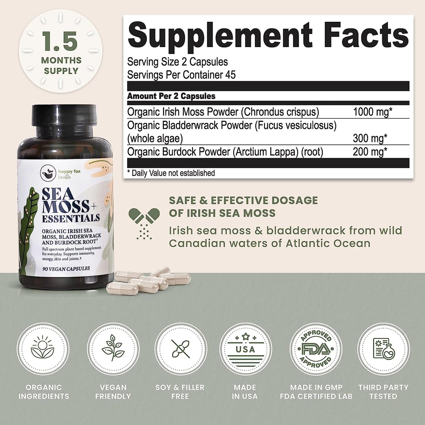 HAPPY FOX Irish Sea Moss Capsules with Burdock Root & Bladderwrack, 90 Capsules