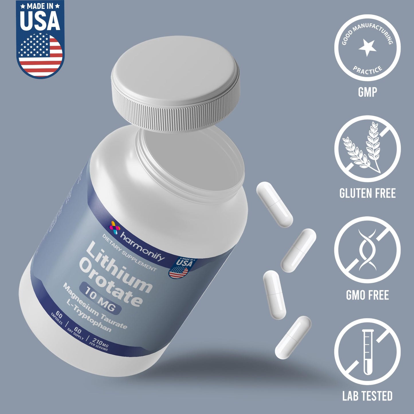 HARMONIFY Lithium Orotate 10mg with Magnesium Taurate & L-Tryptophan Capsules, 60 Capsules