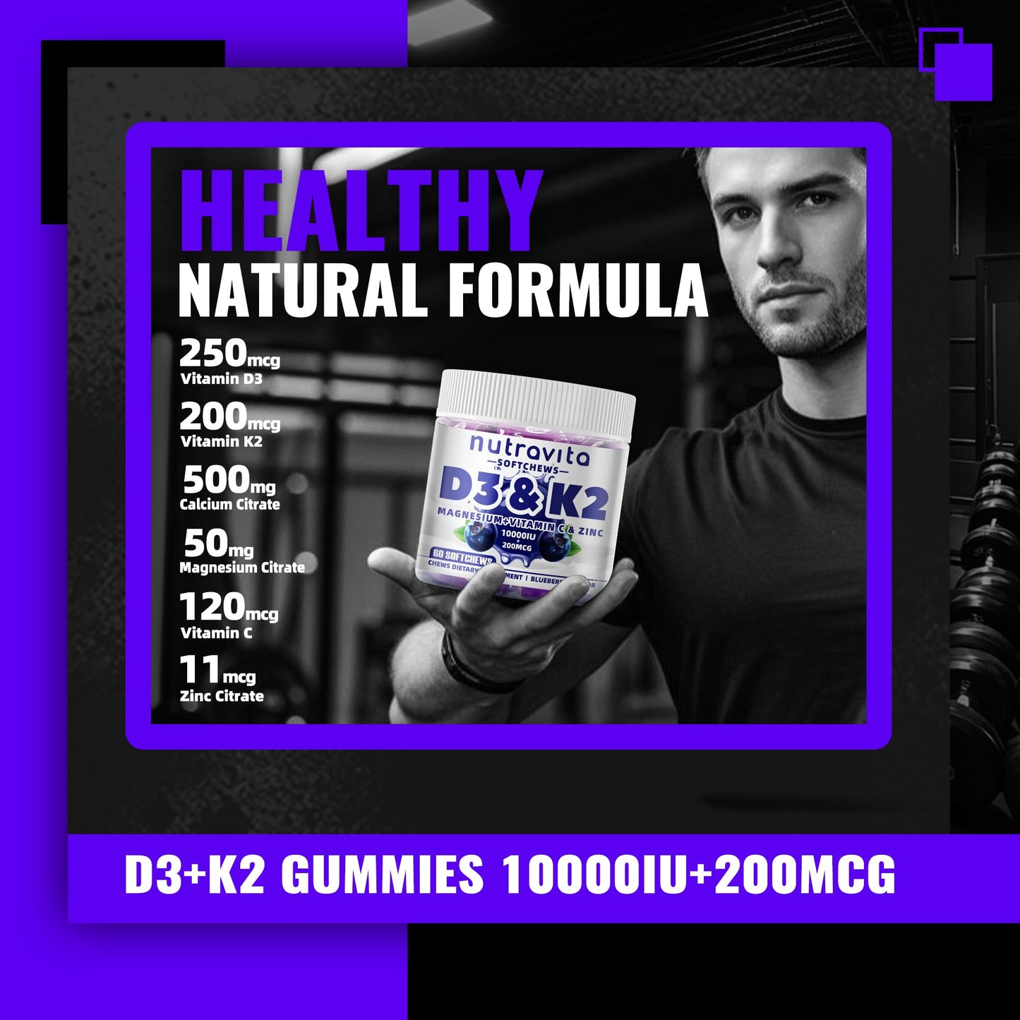 Nutravita Vitamin D3 K2 SoftChews Sugar-Free with Calcium + K2 (MK-7), Magnesium Citrate, Vitamin C, Extra Strength - Ultimate Absorption, Vegan, 60 Count