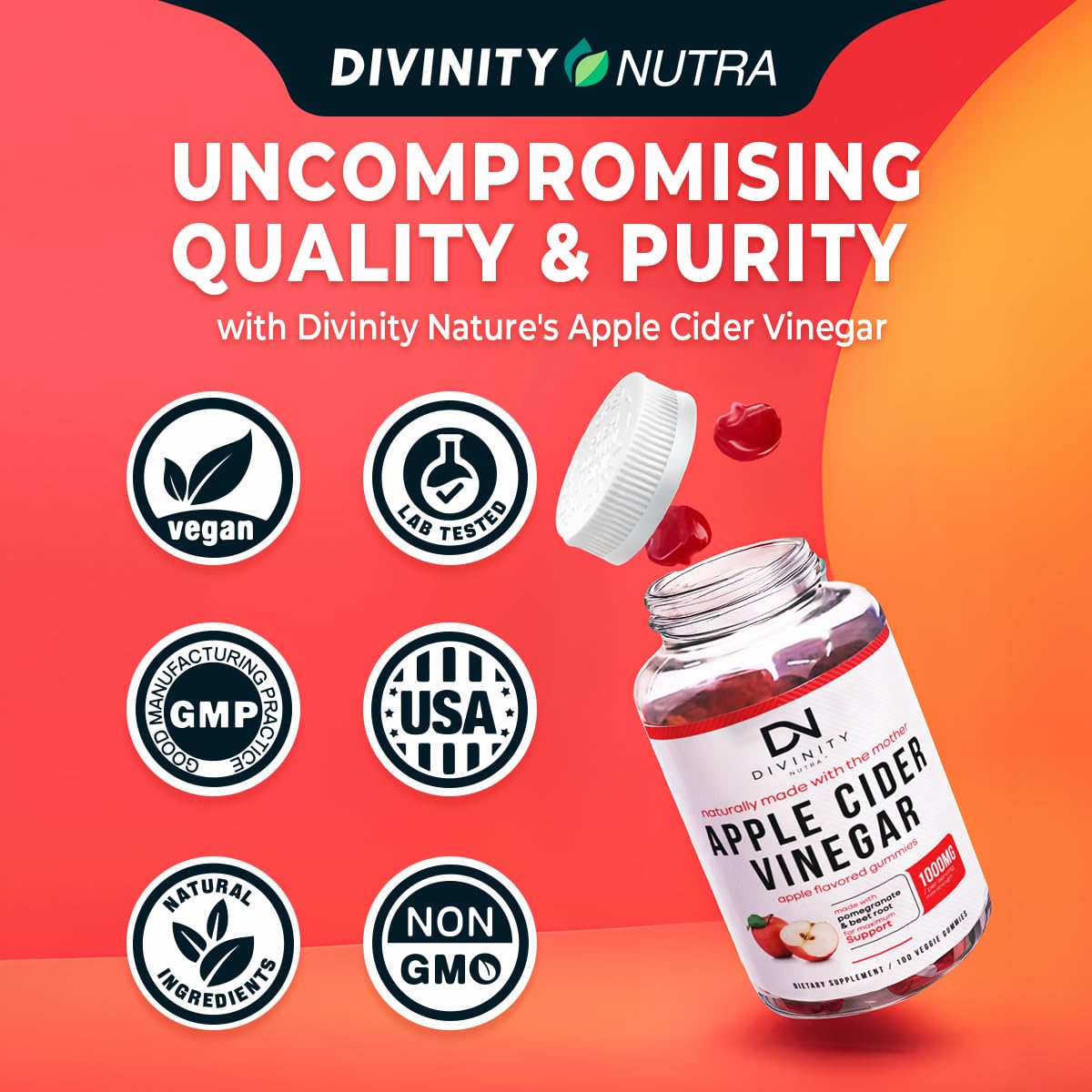 Divinity Nutra Apple Cider Vinegar Gummies with Mother, Detox & Weight Loss Support, with B12, B6, Pomegranate & Beet Root, 100 Gummies