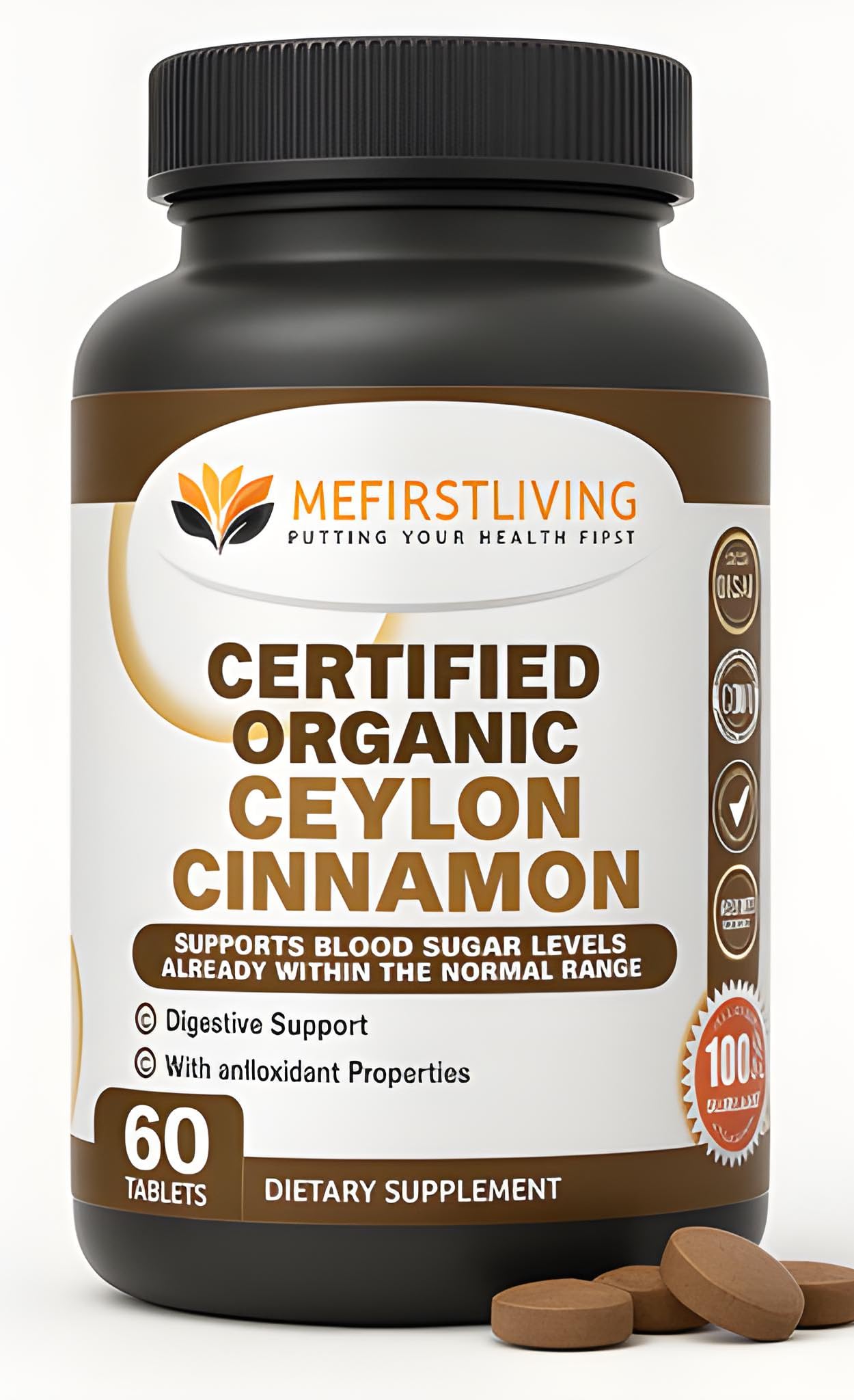 Me First Living MFL Ceylon Cinnamon 1000mg, 100% Certified Organic Ceylon Cinnamon, Non-GMO, True Cinnamon, Metabolism Support, Antioxidant, 60 Tablets