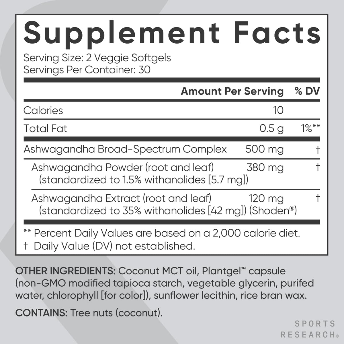 Sports Research Ashwagandha w/Coconut MCT Oil 60 Softgels